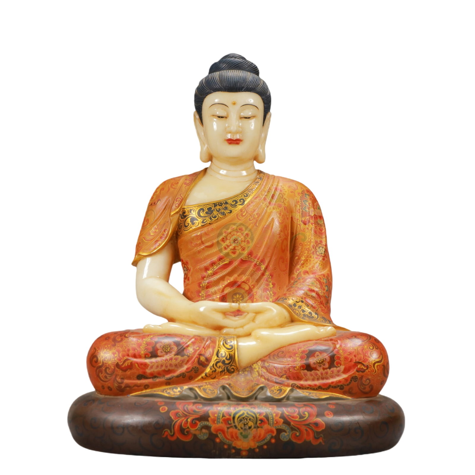 A Solemn Marble Painted Color Statue of Sakyamuni: A Solemn Marble Painted Color Statue of Sakyamuni,Qing Dynasty, China,Size:13inx10.2inx17.3in,Weight:23350g 汉白玉彩绘释迦摩尼像,中