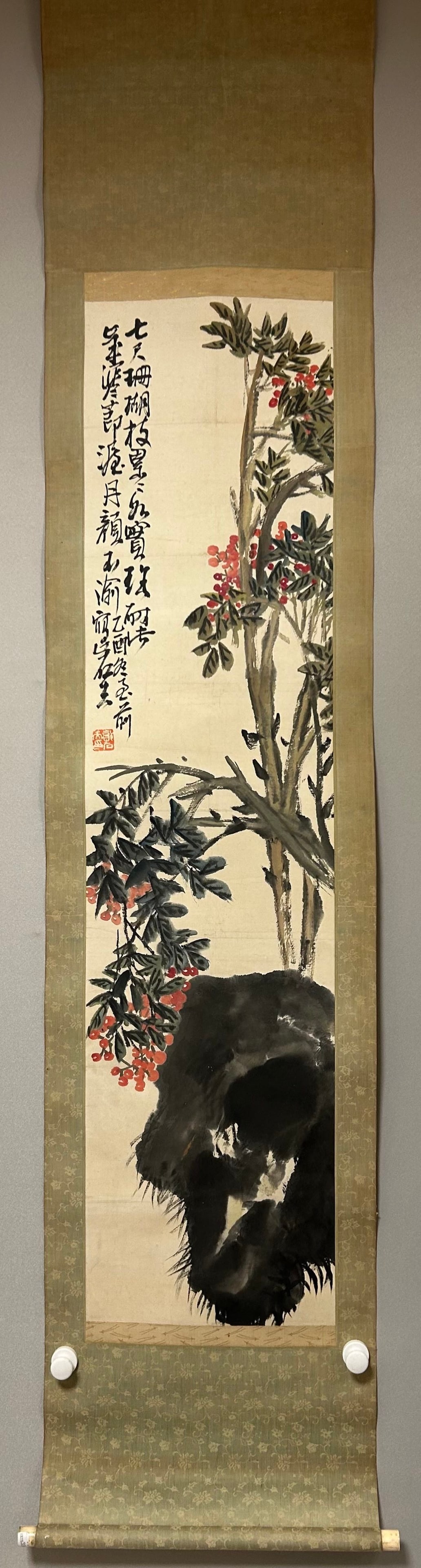 A Chinese Vertical Scroll Ink Painting of Flower on Paper: A Chinese Vertical Scroll Ink Painting of Flower on Paper,Guo Shifu,Size:54.3inx13.8in 一幅中国水墨花卉画立轴,郭石夫