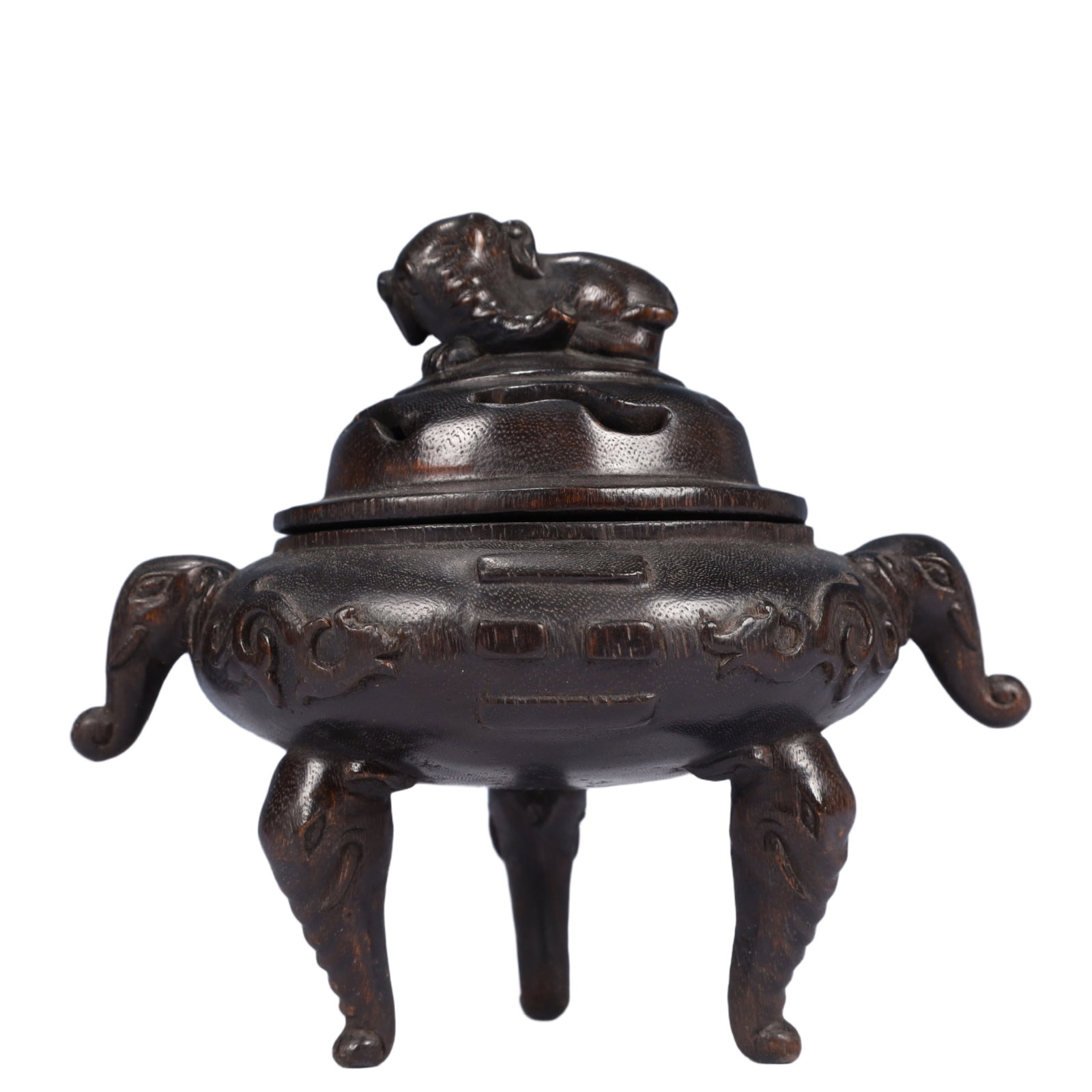 An Exquisite Redwood Chi-Dragon Pattern Elephant-Ears Tripod Censer: An Exquisite Redwood Chi-Dragon Pattern Elephant-Ears Tripod Censer,Qing Dynasty, China,Yongzheng Four-character Mark,Size:7.1inx5.5inx6.3in,Weight:200g 沉香木螭龙纹
