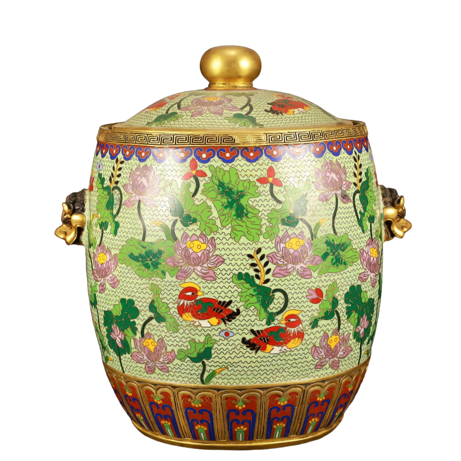 A Rare Cloisonne Lotus and Mandarin Duck Pattern Beast-Ears Jar with Cover (1 of 10)