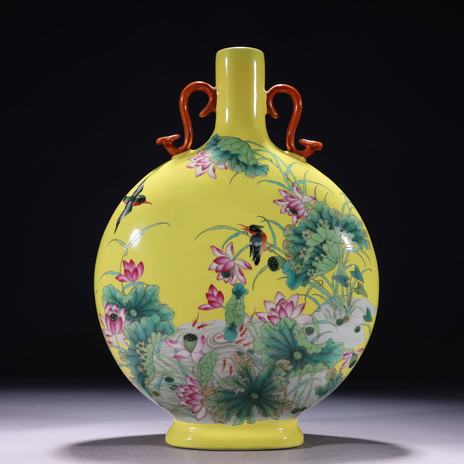 An Exquisite Yellow Ground Famille-Rose Painted Gold Flower and Bird Pattern Double-Ears Vase,with: An Exquisite Yellow Ground Famille-Rose Painted Gold Flower and Bird Pattern Double-Ears Vase,with poem,Qing Dynasty,China,Yongzheng Six-character Mark,Size:9.4inx3.9inx13.8in,Weight:2800g