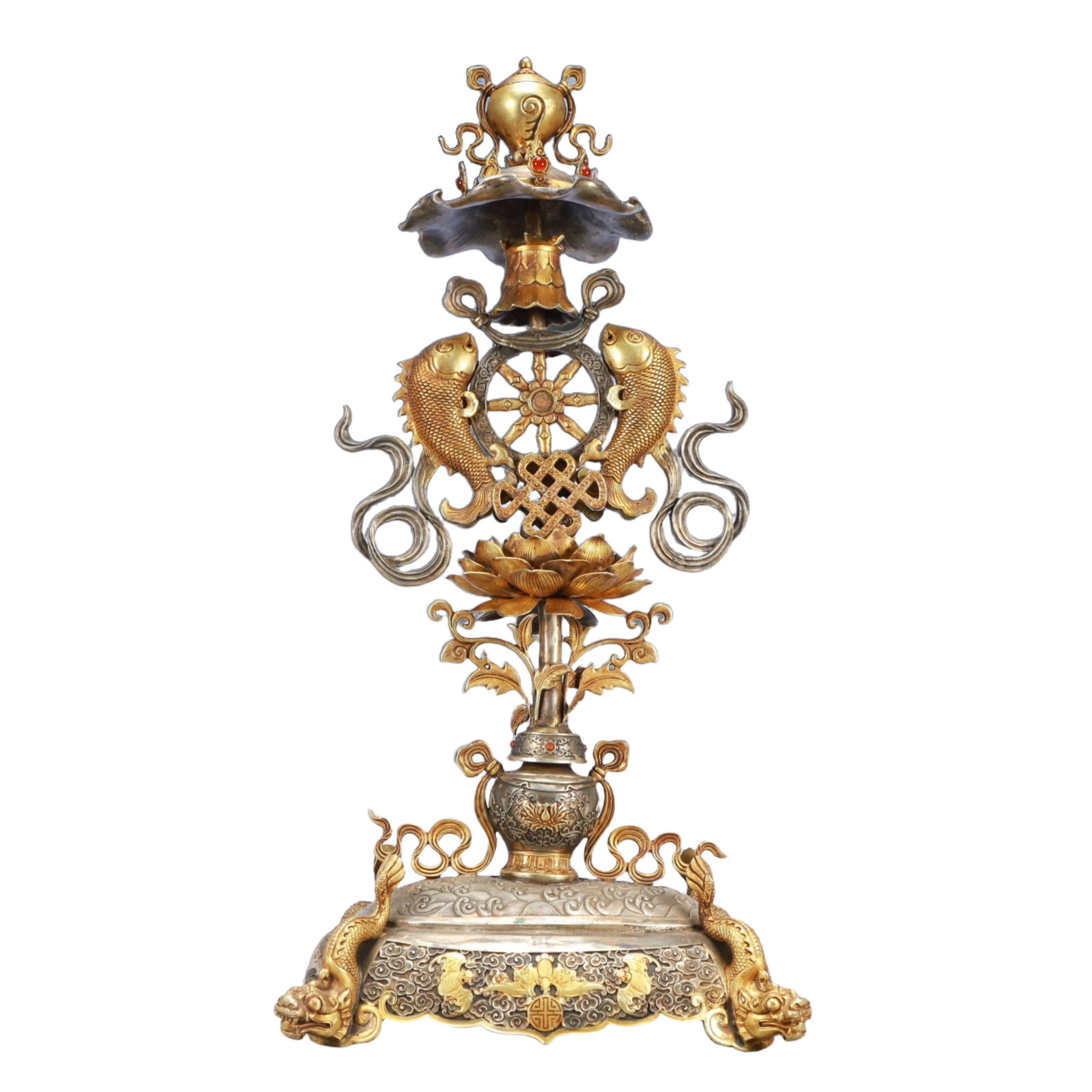 A Huge Gilt Silver Eight Treasures Ornament,Inlaid Gems: A Huge Gilt Silver Eight Treasures Ornament,Inlaid Gems,Qing Dynasty, China,Size:9.4inx6.3inx18.9in,Weight:3900g