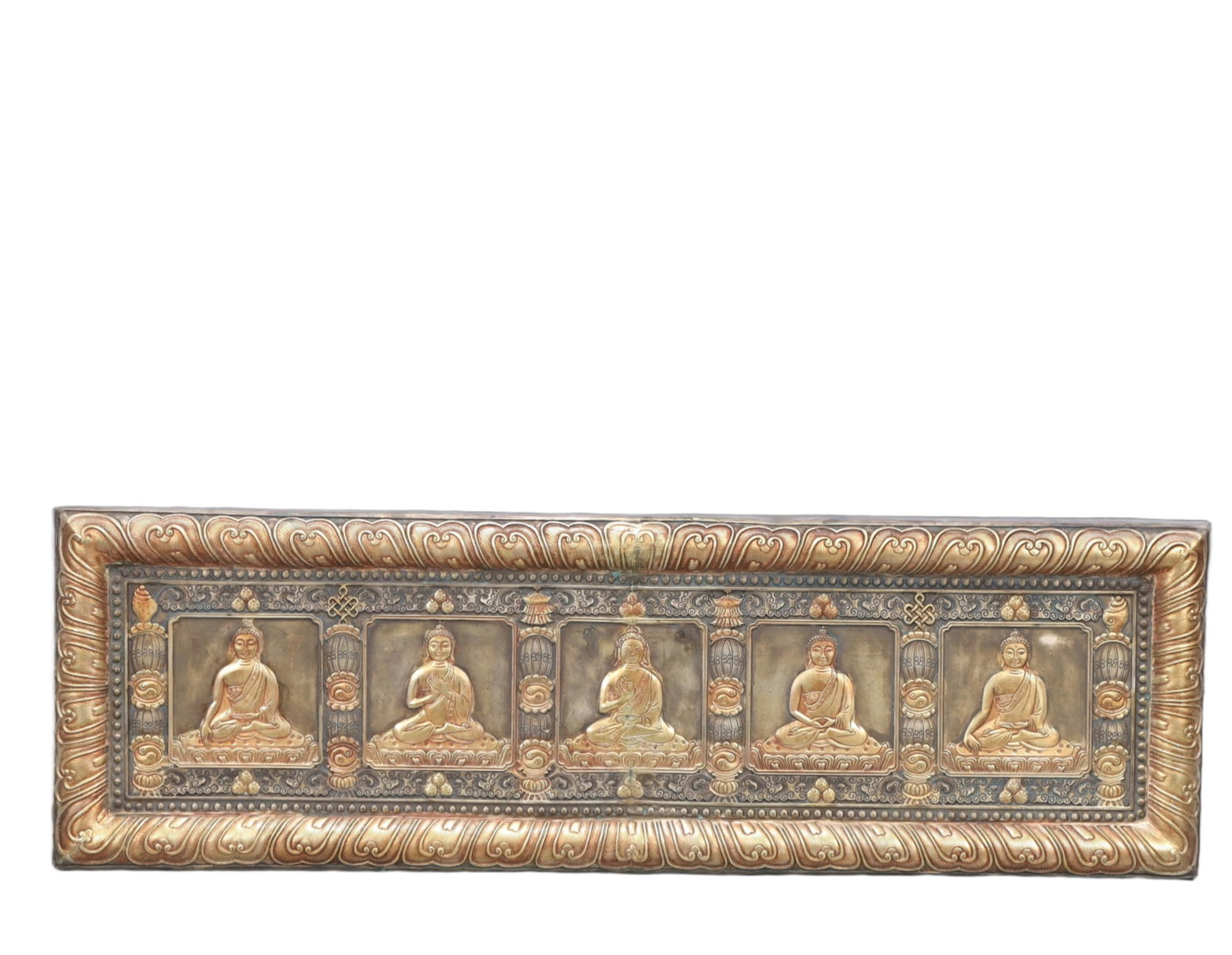 A Rare Gilt Silver Buddha Statue Pattern Ornament: A Rare Gilt Silver Buddha Statue Pattern Ornament,Qing Dynasty, China,Size:27.4inx8.7in,Weight:5800g 银鎏金佛像纹摆件,中国清代