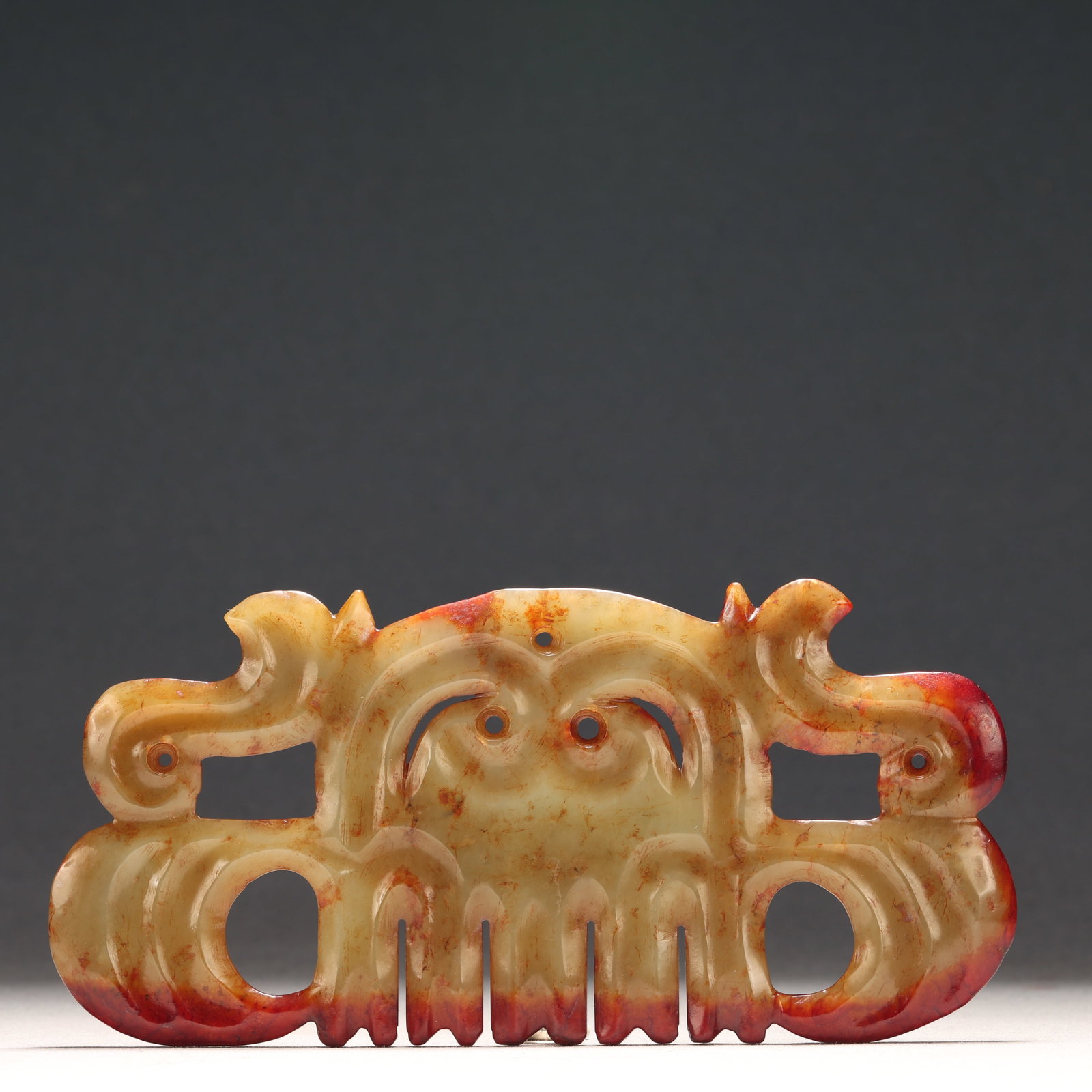 Hongshan Culture White Jade Auspicious Beast Pattern Ornament: Hongshan Culture White Jade Auspicious Beast Pattern Ornament, Ancient Time, China, Size:6.9inx3.2in 红山文化白玉瑞兽纹摆件, 远&