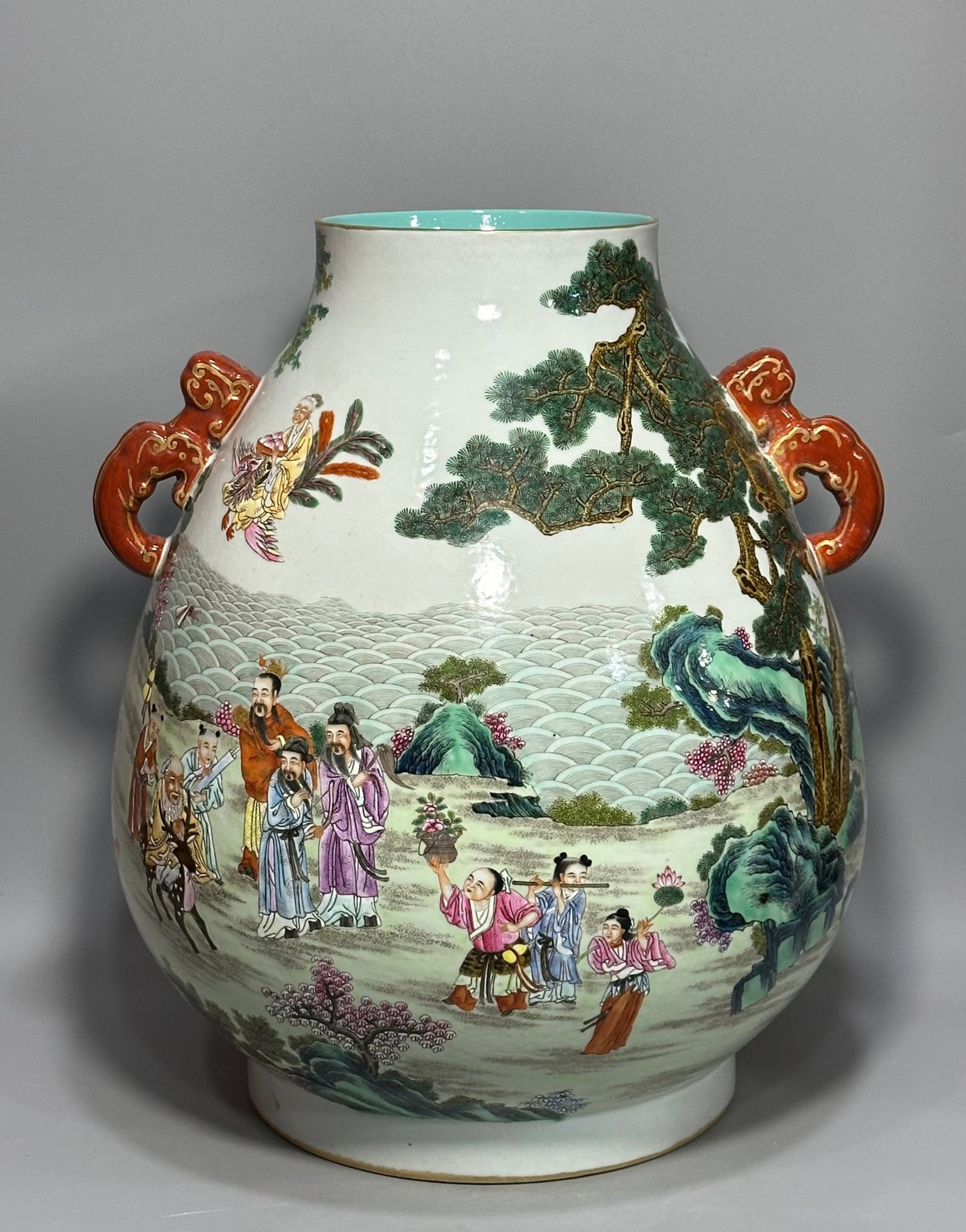 A Huge Famille-Rose Painted Gold Character and Story Pattern Double-Ears Vase: A Huge Famille-Rose Painted Gold Character and Story Pattern Double-Ears Vase,Qing Dynasty,China,Qianlong Six-character Mark,Size:17.6inx9.9in 粉彩描金人物故&
