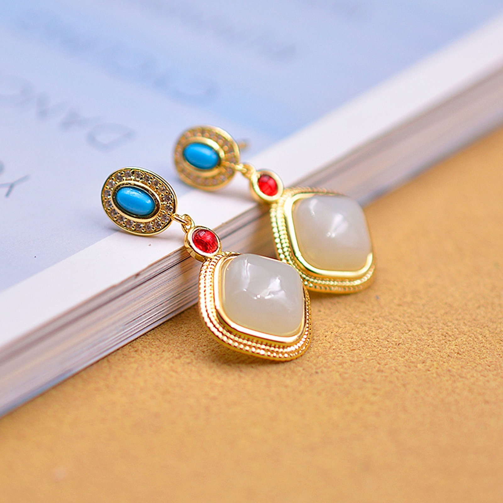 A Pair of Exquisite Bronze-Gold Plated Inlaid White Jade Earrings: A Pair of Exquisite Bronze-Gold Plated Inlaid White Jade Earrings,Size:3.9inx3.9in 一对铜镀金镶白玉耳环