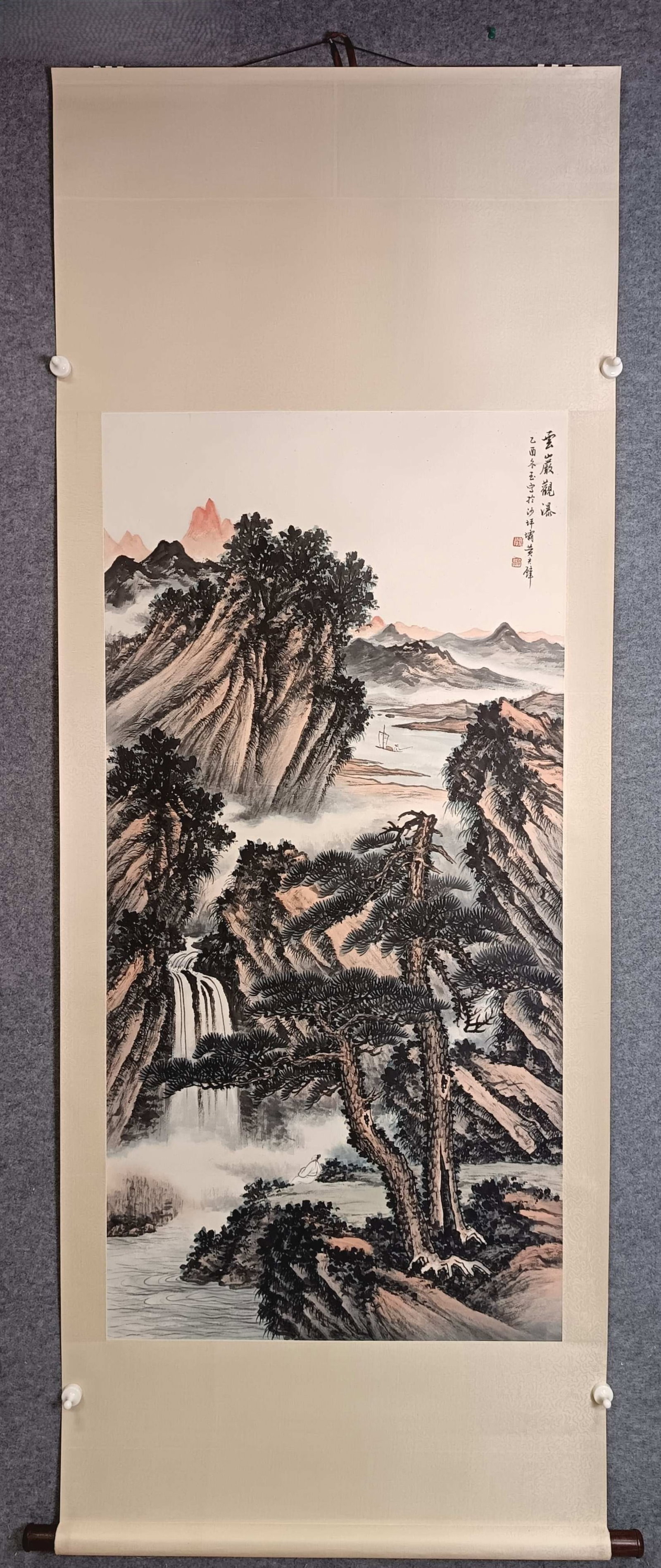 A Chinese Vertical Scroll Ink Painting of Landscape on Paper: A Chinese Vertical Scroll Ink Painting of Landscape on Paper,Huang Junbi,Size:26.4inx54.3in 一幅中国水墨山水画立轴,黄君