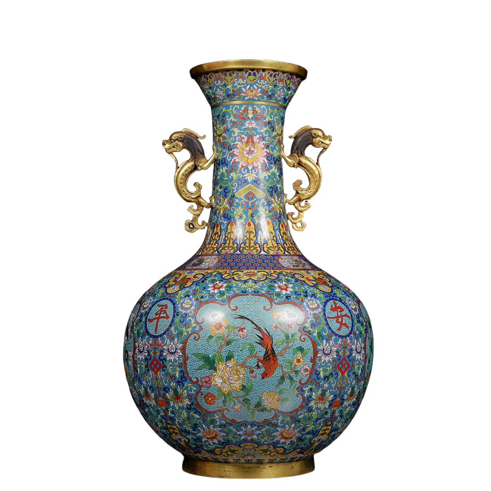 A Huge Cloisonne Flower and Bird Pattern Dragon-Ears Vase: A Huge Cloisonne Flower and Bird Pattern Dragon-Ears Vase,Qing Dynasty, China,Qianlong Six-character Mark,Size:11inx21.3in,Weight:19.20kg