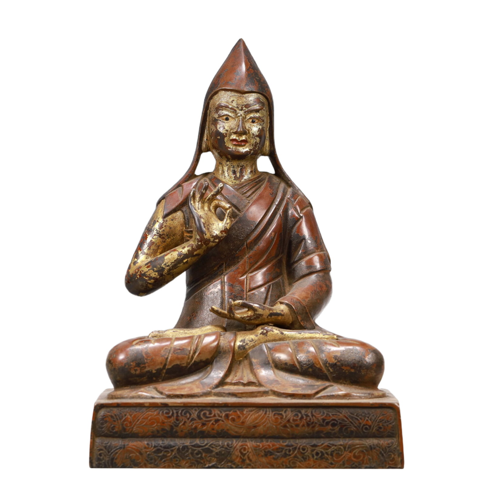 An Excellent Gilt-Bronze Figure Of Tsongkapa: An Excellent Gilt-Bronze Figure Of Tsongkapa. The figure with a dignified expression is rendered clad in long,flowing robes,the voluminous drapery elegantly cascading in folds,topknot surmounted by a 