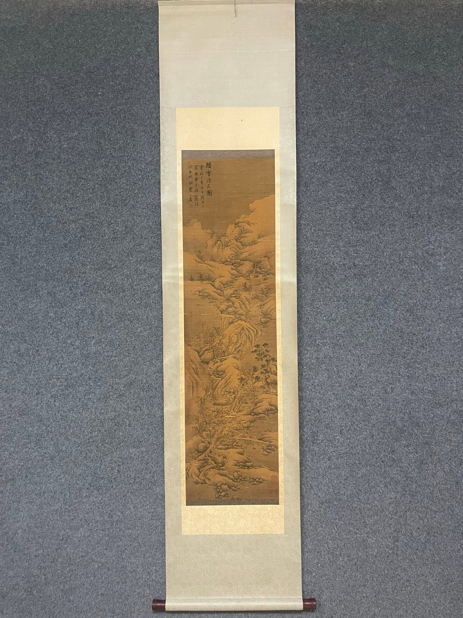 A Chinese Vertical Scroll Ink Painting of Landscape on Silk: A Chinese Vertical Scroll Ink Painting of Landscape on Silk,Lan Ying,Size:13.8inx50.4in