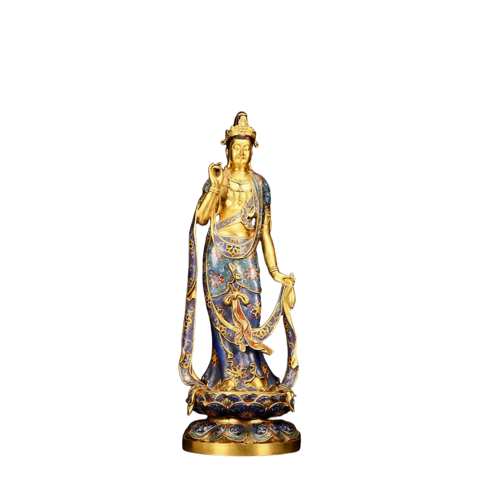 A Huge Cloisonne Statue of Guanyin: A Huge Cloisonne Statue of Guanyin,Qing Dynasty, China,Qianlong Six-character Mark,Size:8.7inx26.4in,Weight:14.830kg 景泰蓝自在观音像，清