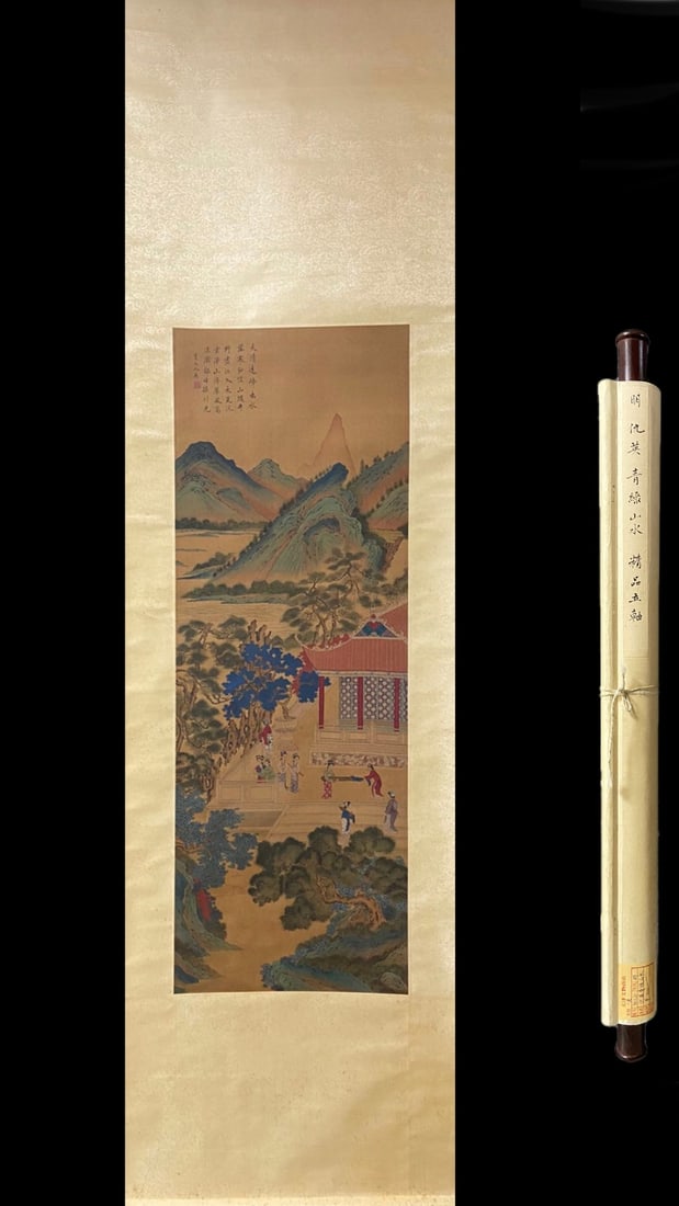 An Exquisite Chinese Vertical Scroll Ink Painting of Landscape and Figure on Paper: An Exquisite Chinese Vertical Scroll Ink Painting of Landscape and Figure on Paper,Chou Ying,Size:46.1inx16.1in 一幅中国水墨山水人物画