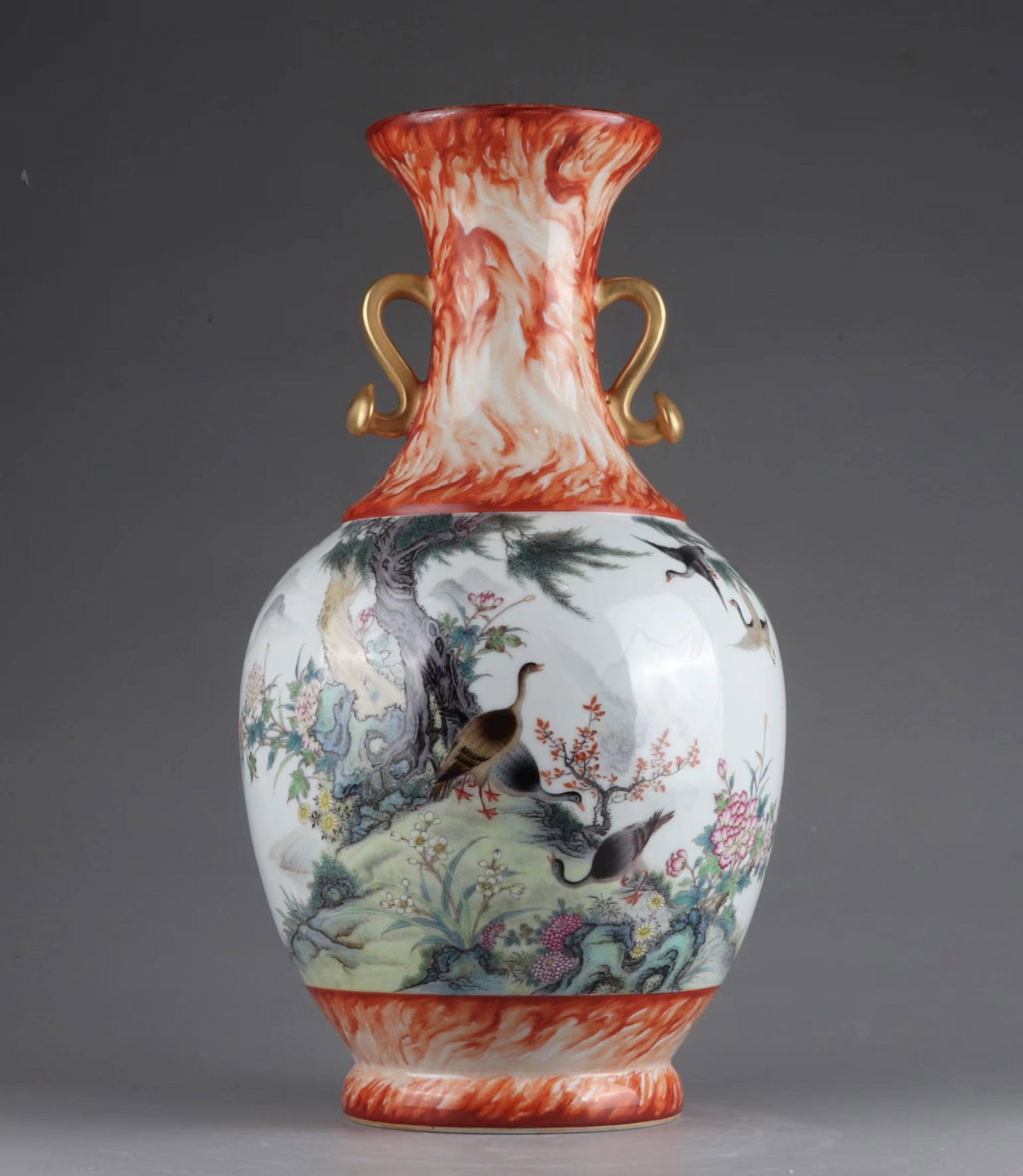 A Huge Marble Glazed Famille-Rose Painted Gold Flower and Bird Pattern Double-Ears Vase,with poem: A Huge Marble Glazed Famille-Rose Painted Gold Flower and Bird Pattern Double-Ears Vase,with poem,Qing Dynasty,China,Qianlong Six-character Mark,Size:16.1inx8.7in 石纹釉粉ô