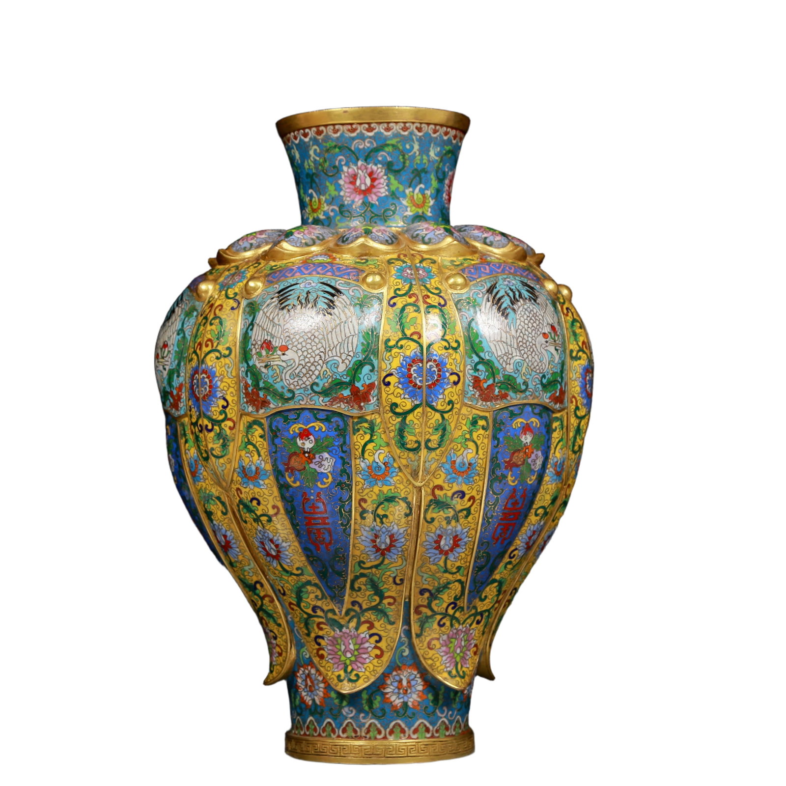 A Huge Cloisonne Lotus and Crane Pattern Vase: A Huge Cloisonne Lotus and Crane Pattern Vase,Qing Dynasty, China,Qianlong Six-character Mark,Size:10.2inx17.3in,Weight:12.60kg 景泰蓝缠枝花卉鹤纹
