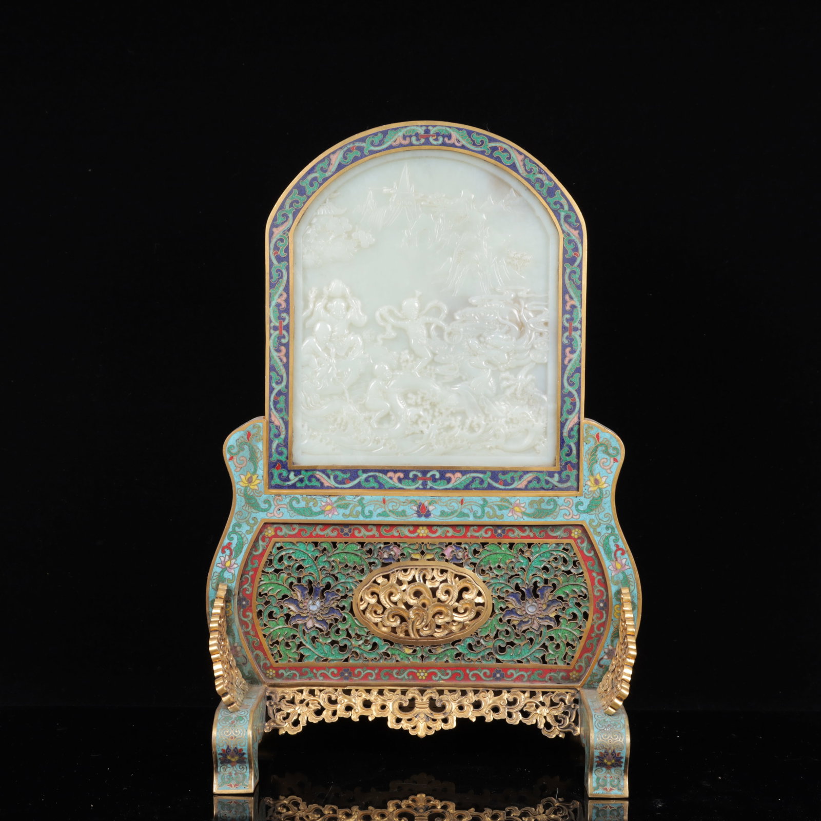 An Exquisite Cloisonne Inlaid White Jade Figure Pattern Table Screen,with poem (1 of 15)