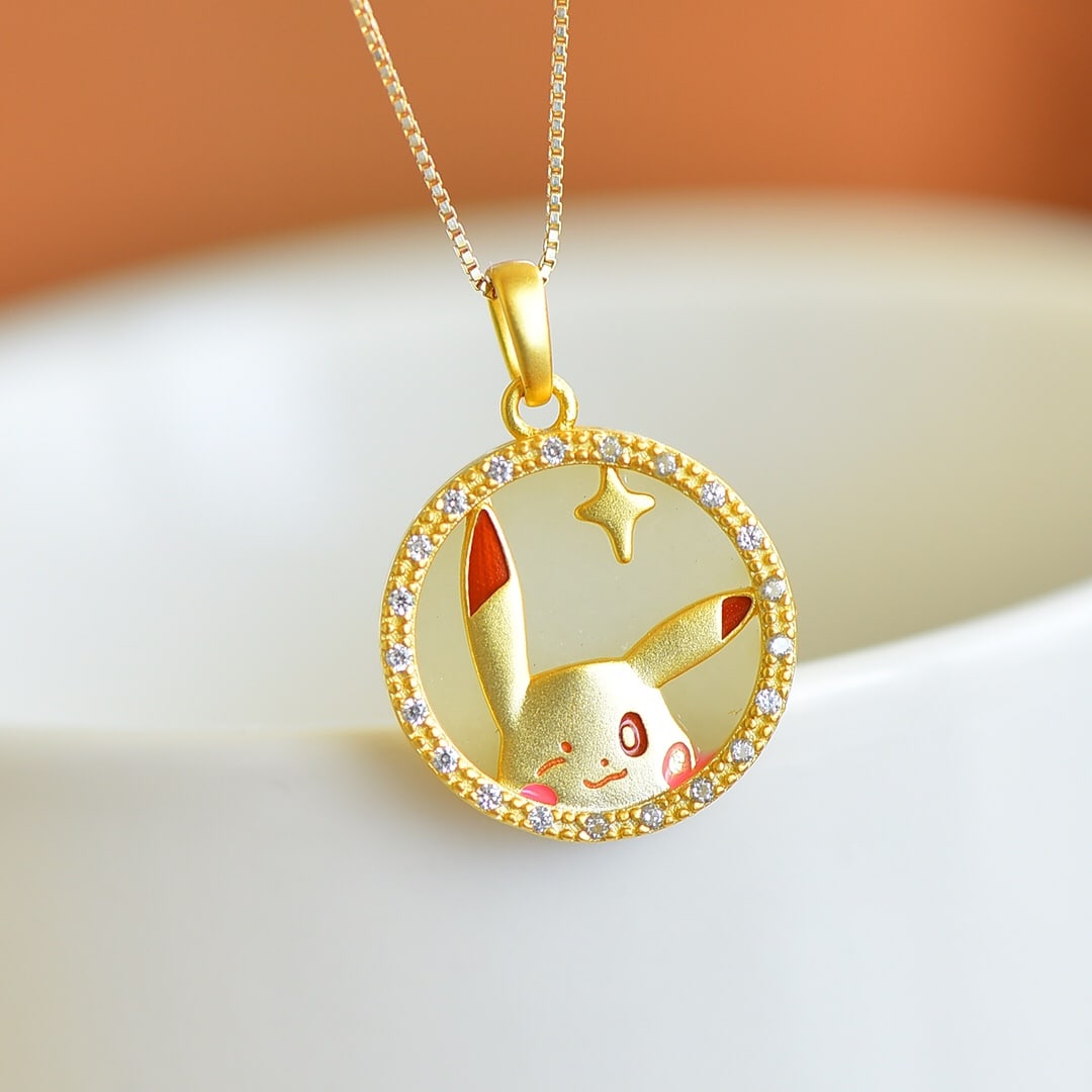 An Exquisite Sterling Silver-Gold Plated Inlaid White Jade Necklace,Inlaid Diamond: An Exquisite Sterling Silver-Gold Plated Inlaid White Jade Necklace,Inlaid Diamond,Size:16mmx16mm 纯银镀金镶白玉项链,嵌钻石