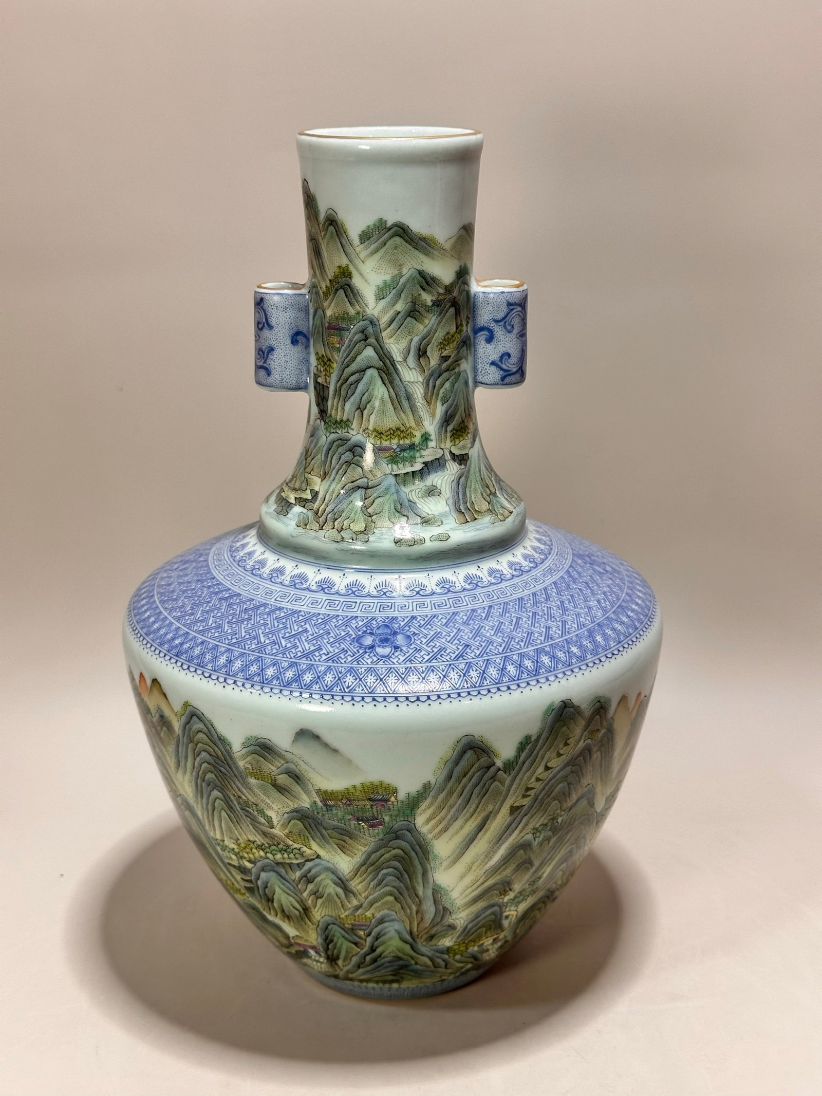A Rare Enamel Landscape Pattern Double-Ears Vase: A Rare Enamel Landscape Pattern Double-Ears Vase,Qing Dynasty,China,Qianlong Six-character Mark,Size:11.8inx7.3in