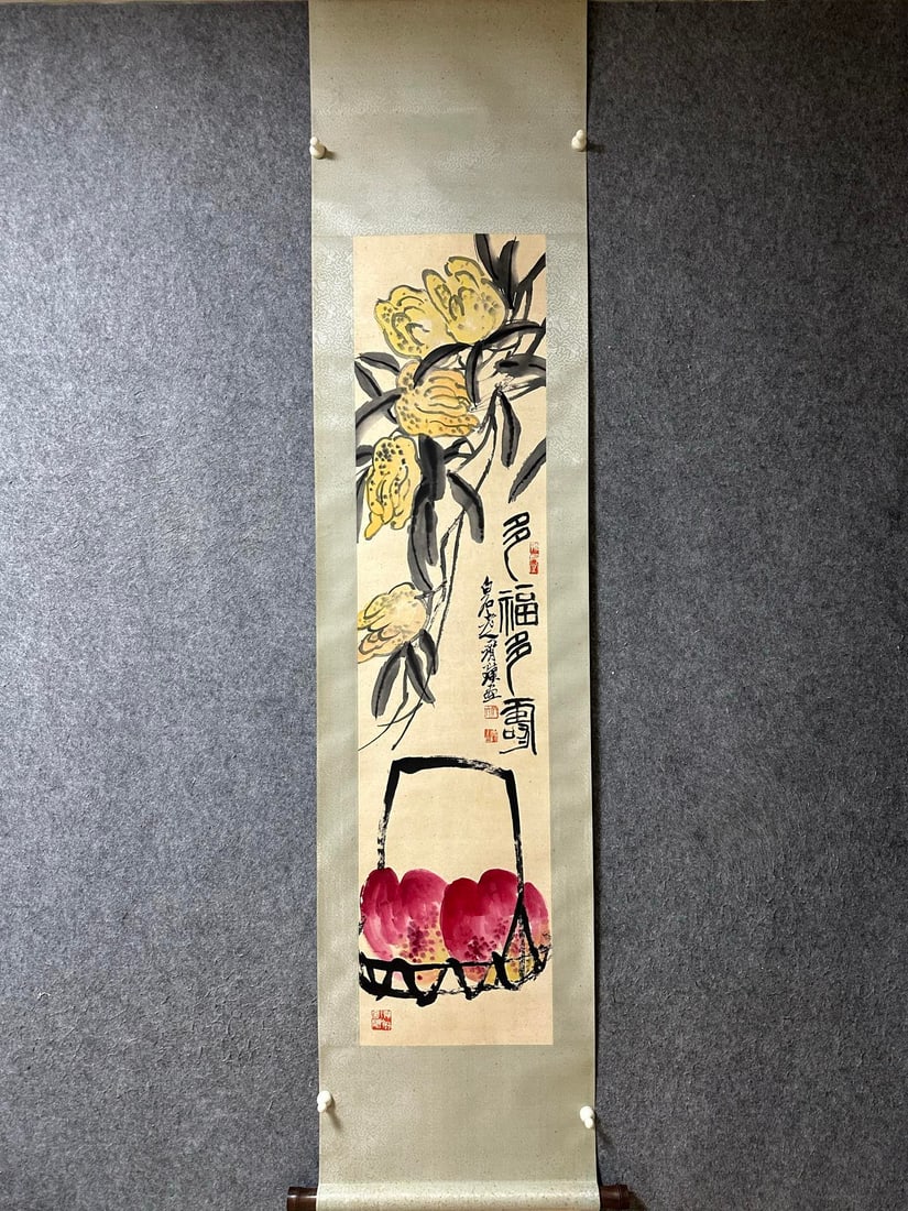 An Exquisite Chinese Vertical Scroll Ink Painting of Peach on Paper: An Exquisite Chinese Vertical Scroll Ink Painting of Peach on Paper,Qi Baishi,Size:54.3inx13in