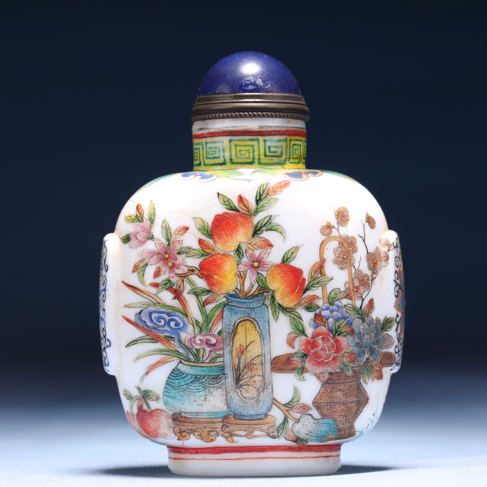 An Exquisite Glass Flower and Fruit Pattern Snuff Bottle: An Exquisite Glass Flower and Fruit Pattern Snuff Bottle,Qing Dynasty,China,Qianlong Four-character Mark,Size:2.8inx1.6inx3.5in,Weight:117g 琉璃花果纹鼻烟
