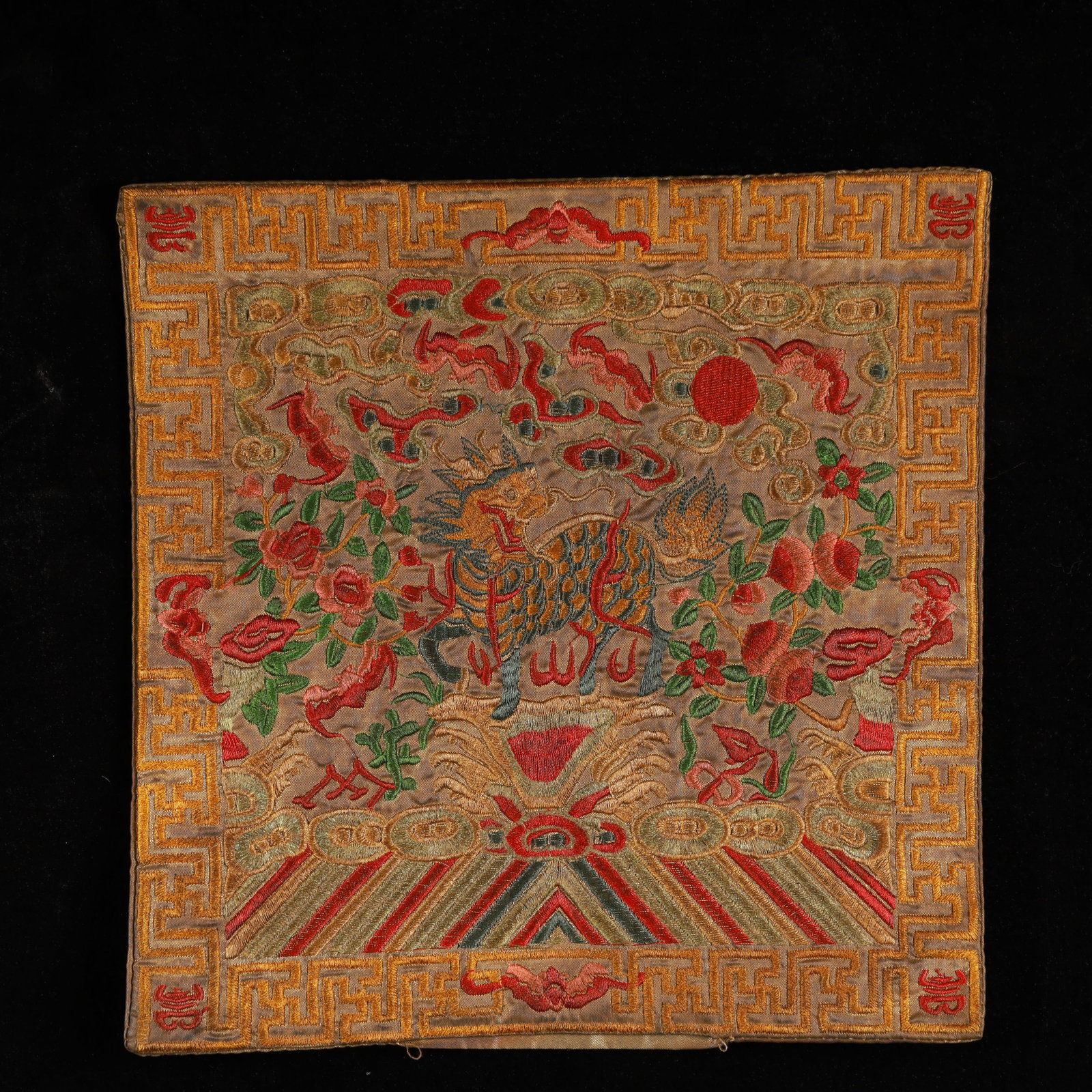 An Exquisite Embroidery Kylin Pattern Civil Official Rank Badges: An Exquisite Embroidery Kylin Pattern Civil Official Rank Badges,Qing Dynasty, China,Size:10.2inx10.2in 刺绣麒麟官补,中国清代