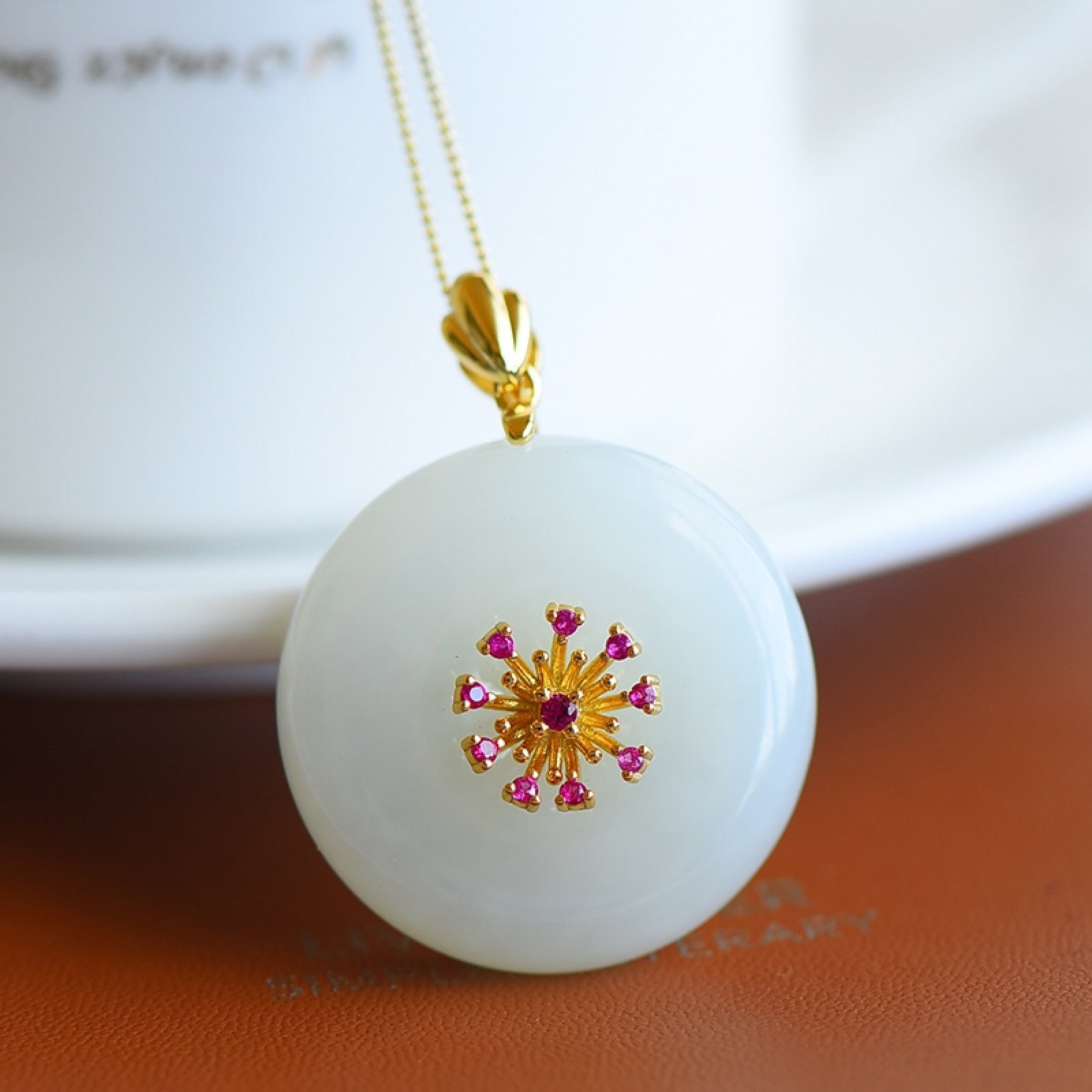 An Exquisite Sterling Silver-Gold Plated Inlaid White Jade Pendant , Inlaid Diamond: An Exquisite Sterling Silver-Gold Plated Inlaid White Jade Pendant , Inlaid Diamond , Size :1.2inx1.2in