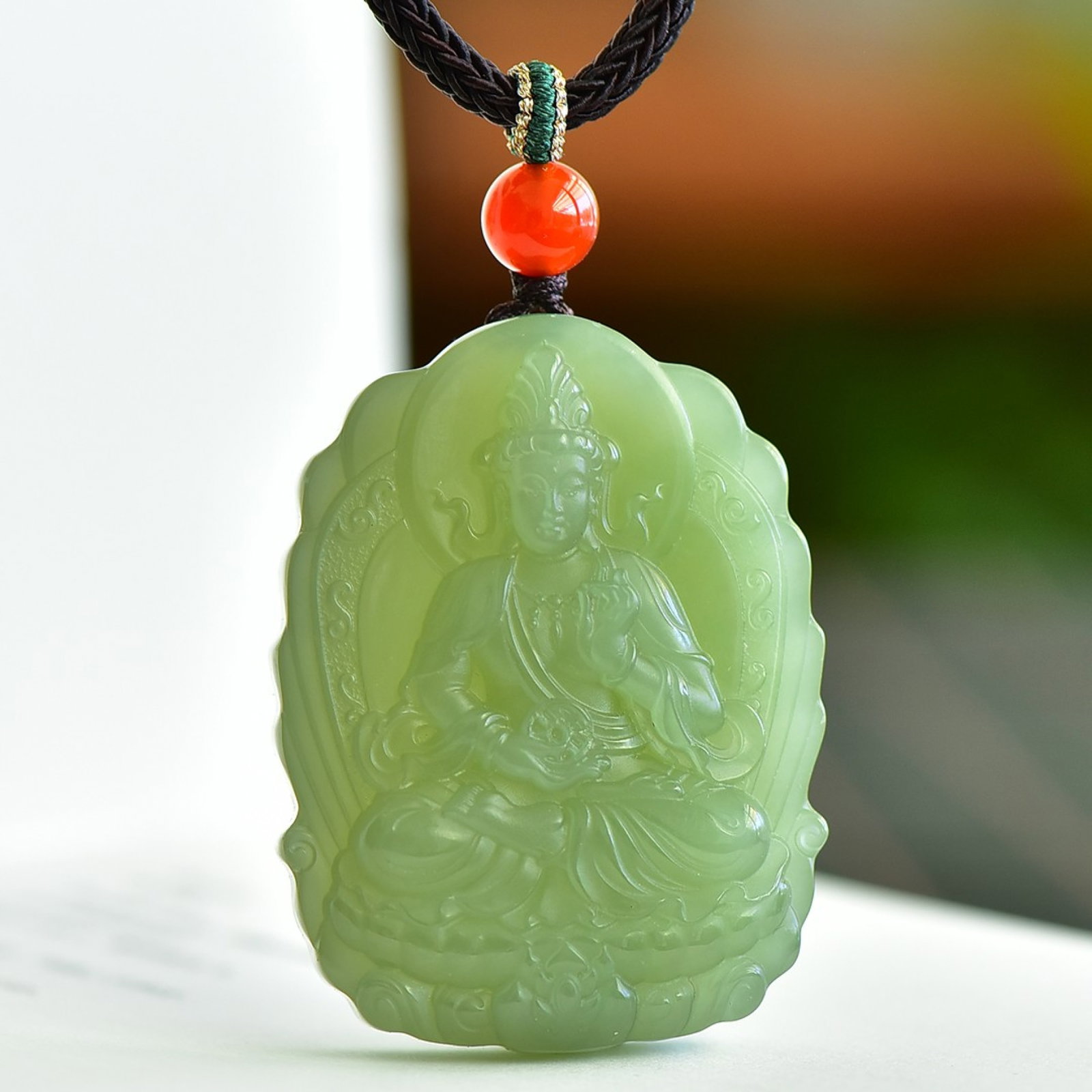 An Exquisite Greenish Jade Statue of Mammon Pendant (1 of 5)