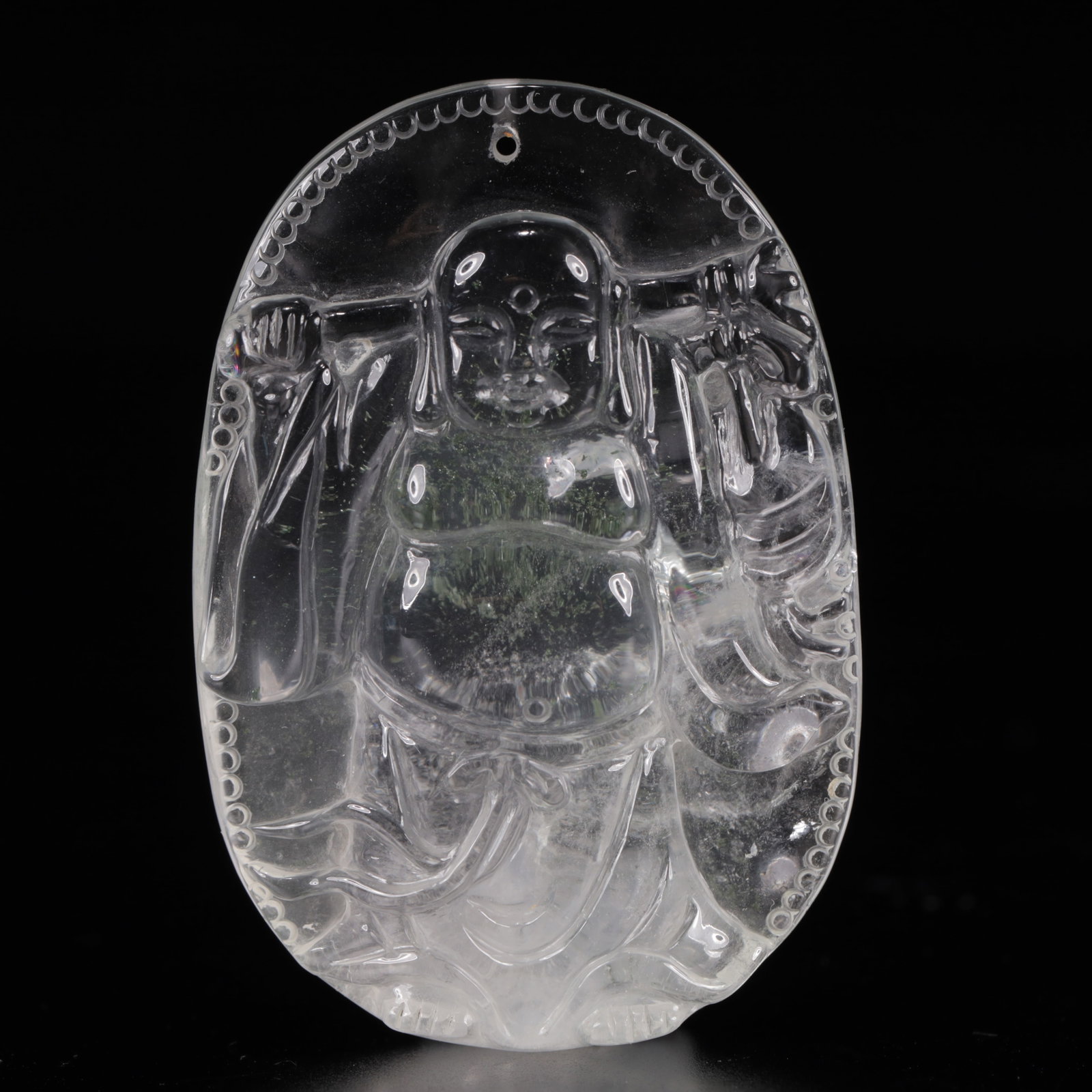 An Exquisite Crystal Statue of Maitreya Buddha Pendant: An Exquisite Crystal Statue of Maitreya Buddha Pendant,Size:1.6inx0.4inx2.4in,Weight:51g 水晶弥勒佛挂件