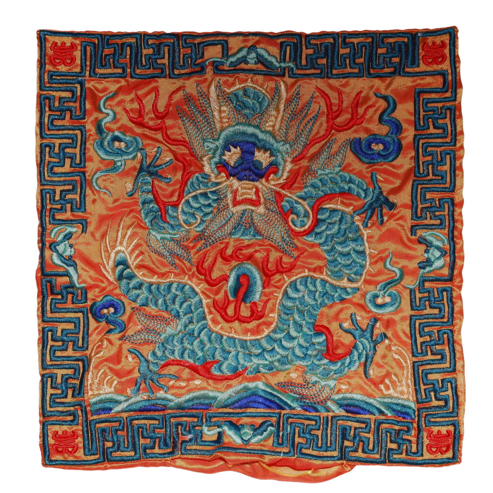An Exquisite Embroidery Dragon Pattern Civil Official Rank Badges: An Exquisite Embroidery Dragon Pattern Civil Official Rank Badges,Qing Dynasty,China,Size:10.2inx10.2in 刺绣龙官补,中国清代