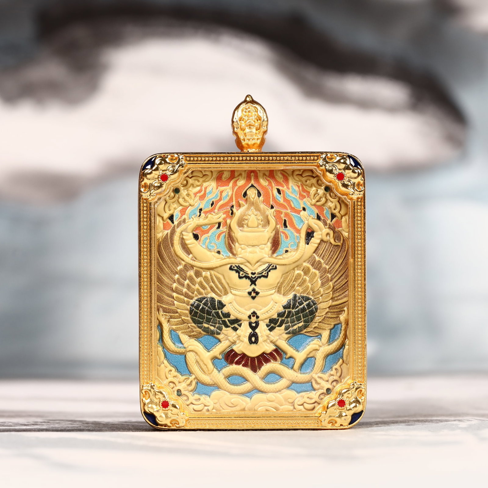 An Exquisite Painted Color Statue of Garu?a Tangka: An Exquisite Painted Color Statue of Garuḍa Tangka,Size:2inx2.8in 彩绘大鹏鸟金刚像唐卡