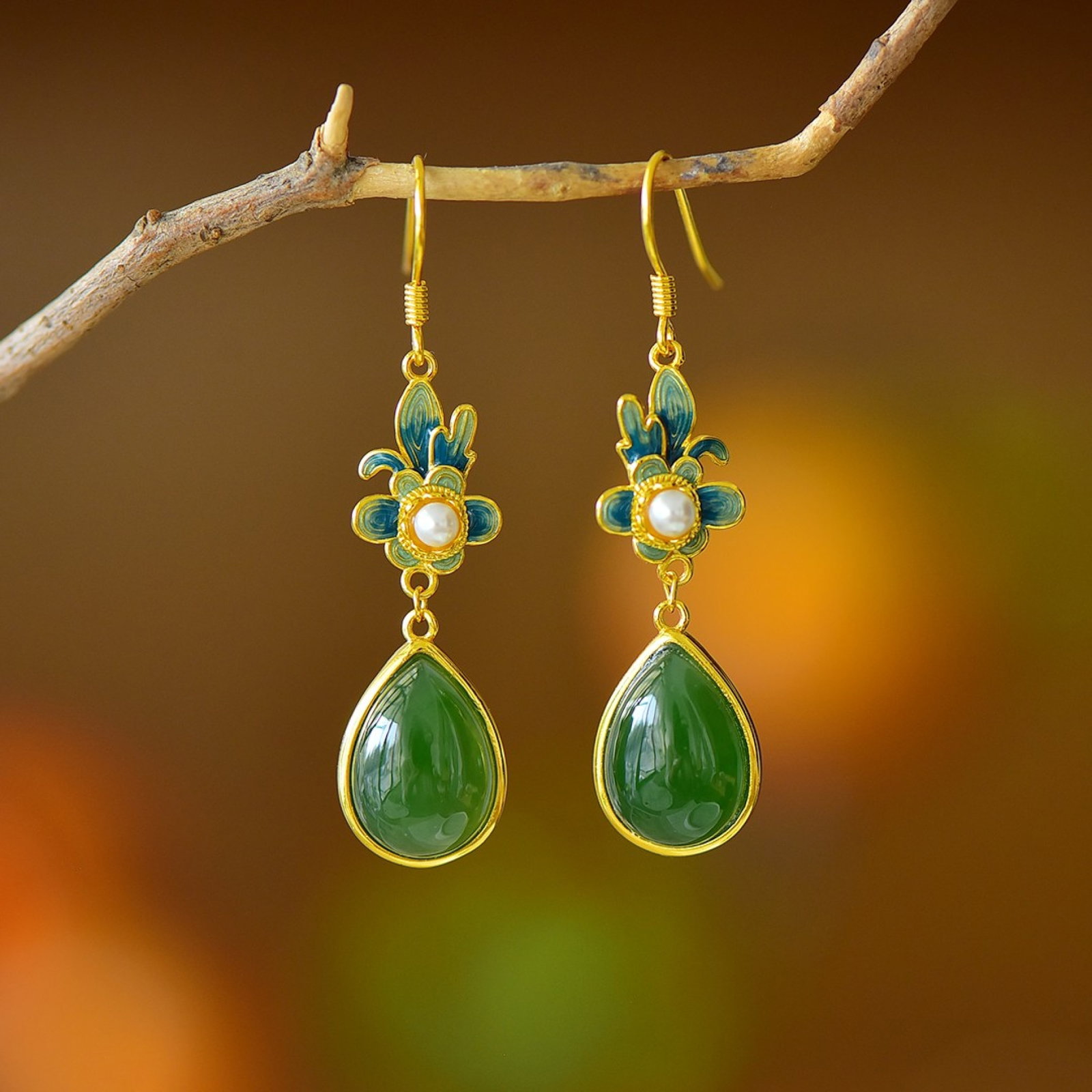 A Pair of Exquisite Sterling Silver-Gold Plated Inlaid Jasper Enamel Earrings,Inlaid Pearl (1 of 5)