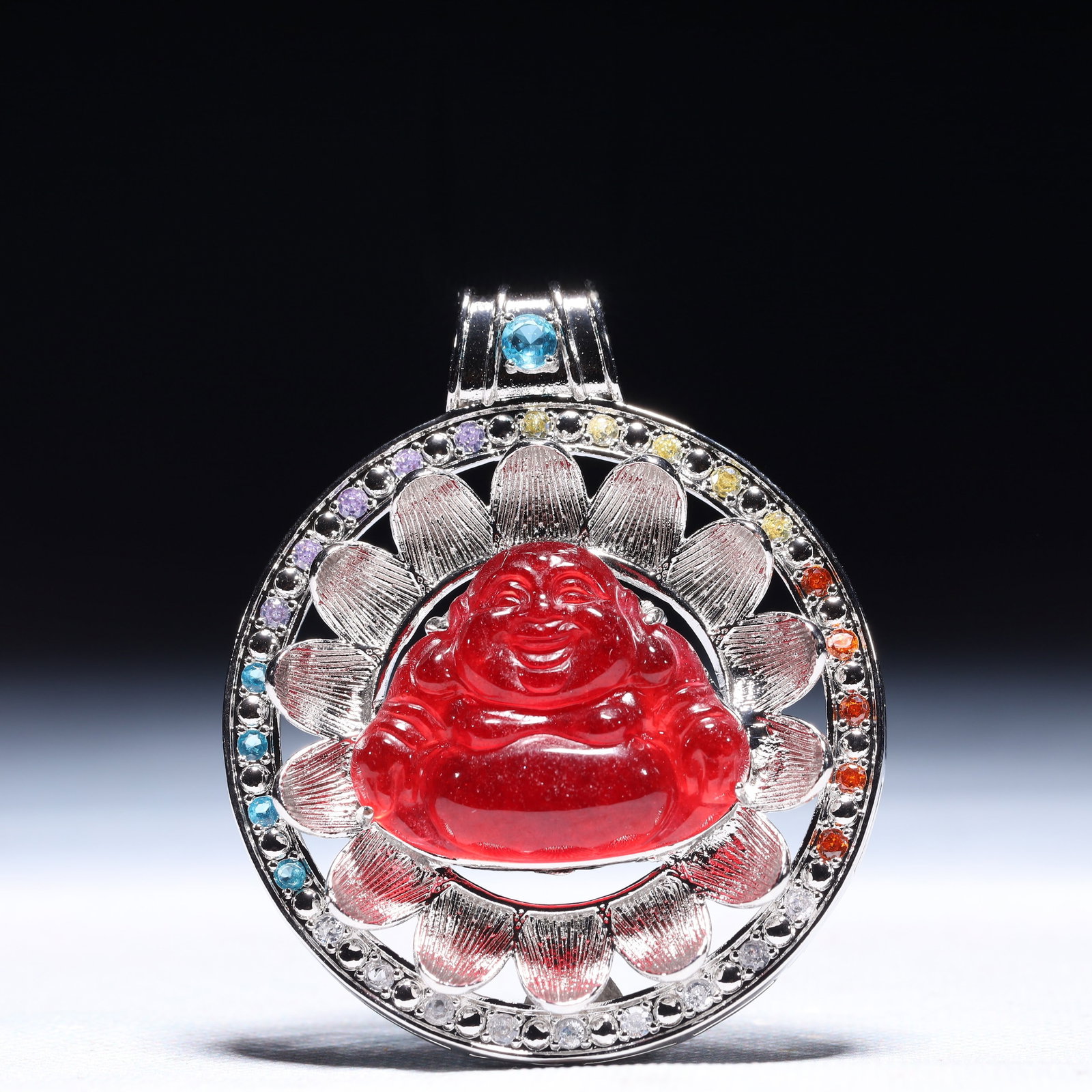 An Exquisite Statue of Maitreya Buddha Pendant,Inlaid Gems: An Exquisite Statue of Maitreya Buddha Pendant,Inlaid Gems,Size:2.4inx0.4inx2.8in,Weight:48.5g