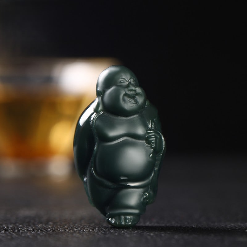 An Exquisite Cyan jade Statue of Maitreya Buddha Pendant: An Exquisite Cyan jade Statue of Maitreya Buddha Pendant,Size:1.5inx0.9in 青玉弥勒佛像挂件