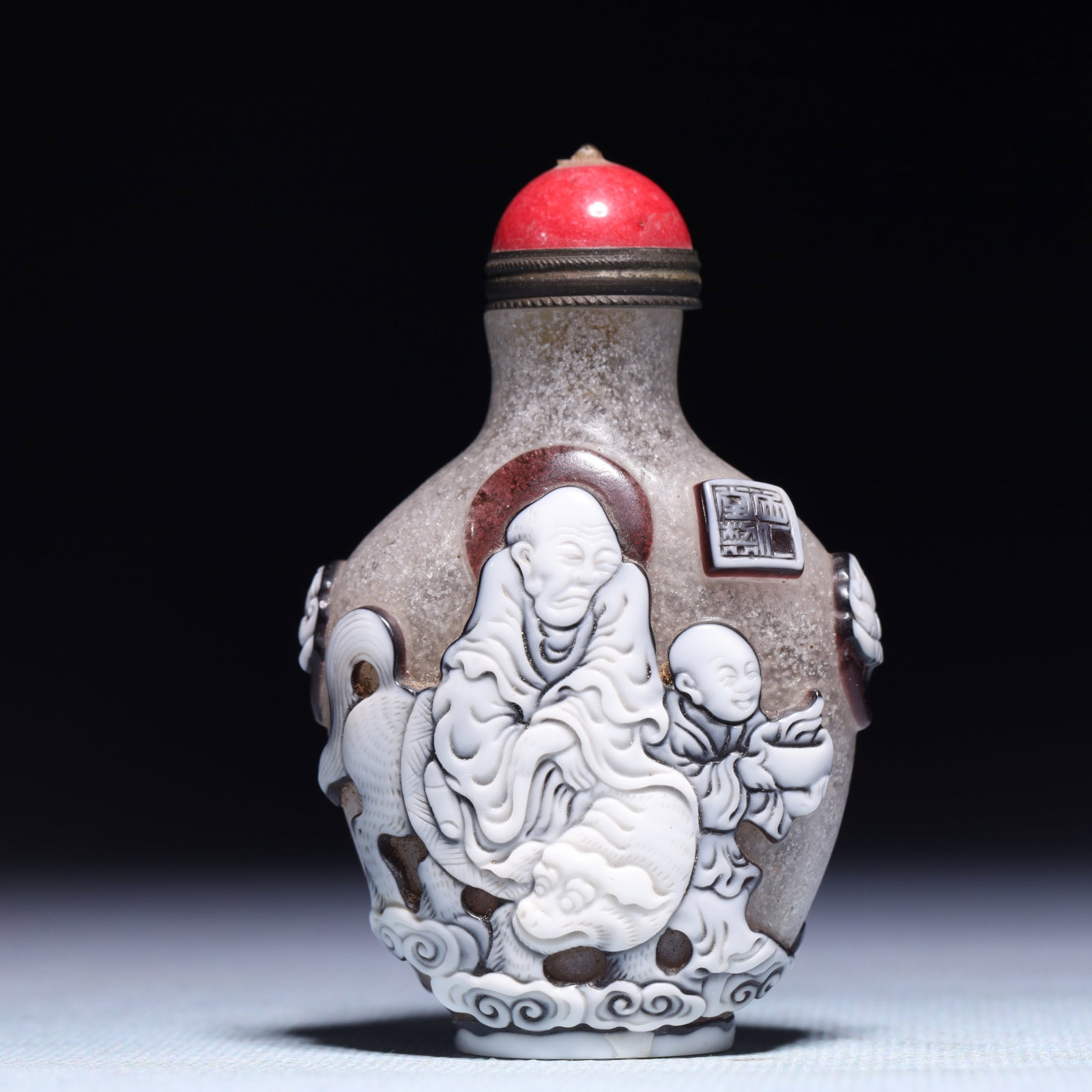 An Exquisite Glass Character and Story Pattern Beast-Ears Snuff Bottle: An Exquisite Glass Character and Story Pattern Beast-Ears Snuff Bottle,Qing Dynasty,China,With Mark,Size:1.8inx1.2inx2.6in,Weight:61.4g