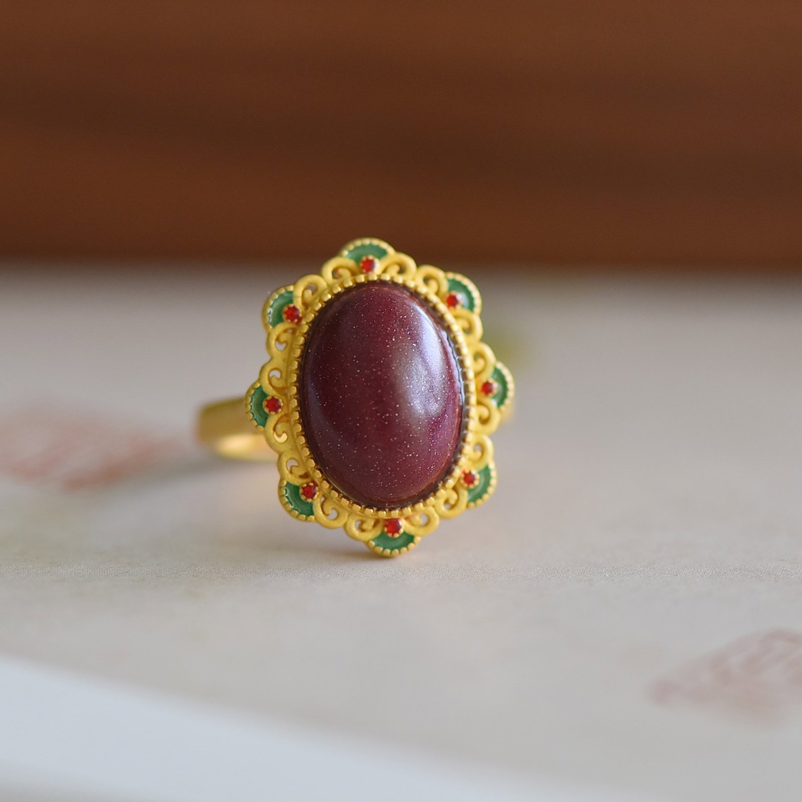 An Exquisite Sterling Silver-Gold Plated Inlaid Cinnabar Ring,Inlaid Gems: An Exquisite Sterling Silver-Gold Plated Inlaid Cinnabar Ring,Inlaid Gems,Size:0.4inx0.6in 寓意:福星高照、五福临门