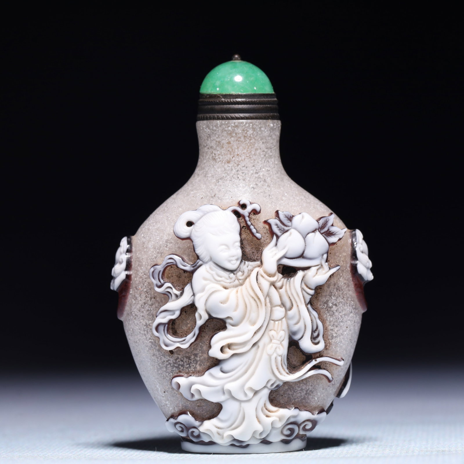An Exquisite Glass Character and Story Pattern Beast-Ears Vase: An Exquisite Glass Character and Story Pattern Beast-Ears Vase,Qing Dynasty,China,With Mark,Size:2inx1.2inx3in,Weight:68.5g 琉璃人物故事纹兽耳