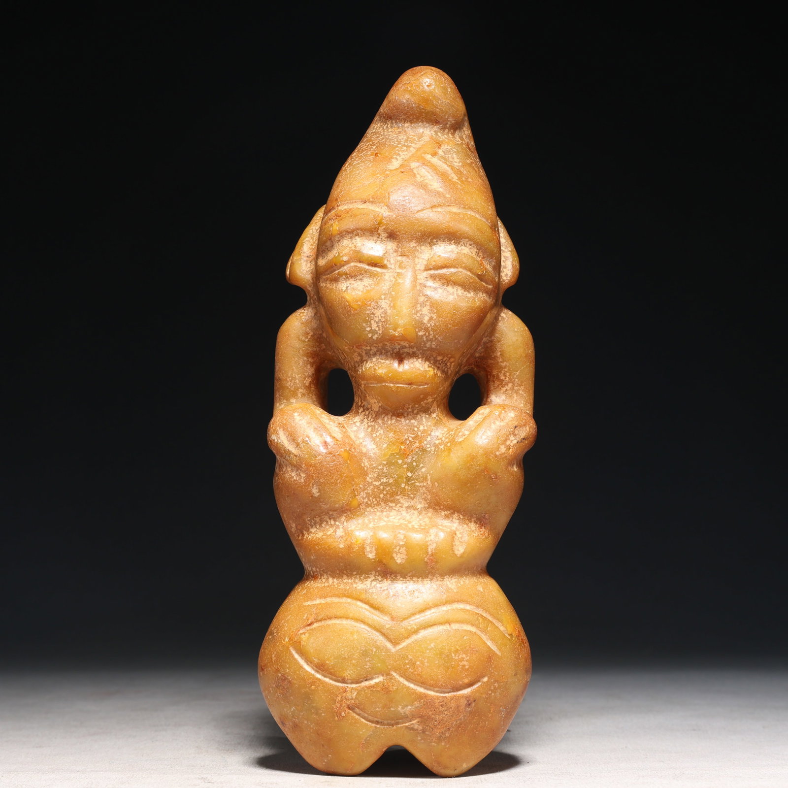 An Archaic Hongshan Culture Yellow Jade Figure Ornament: An Archaic Hongshan Culture Yellow Jade Figure Ornament,Ancient Time, China,Size:3.3inx2.2inx8.5in Weight:g