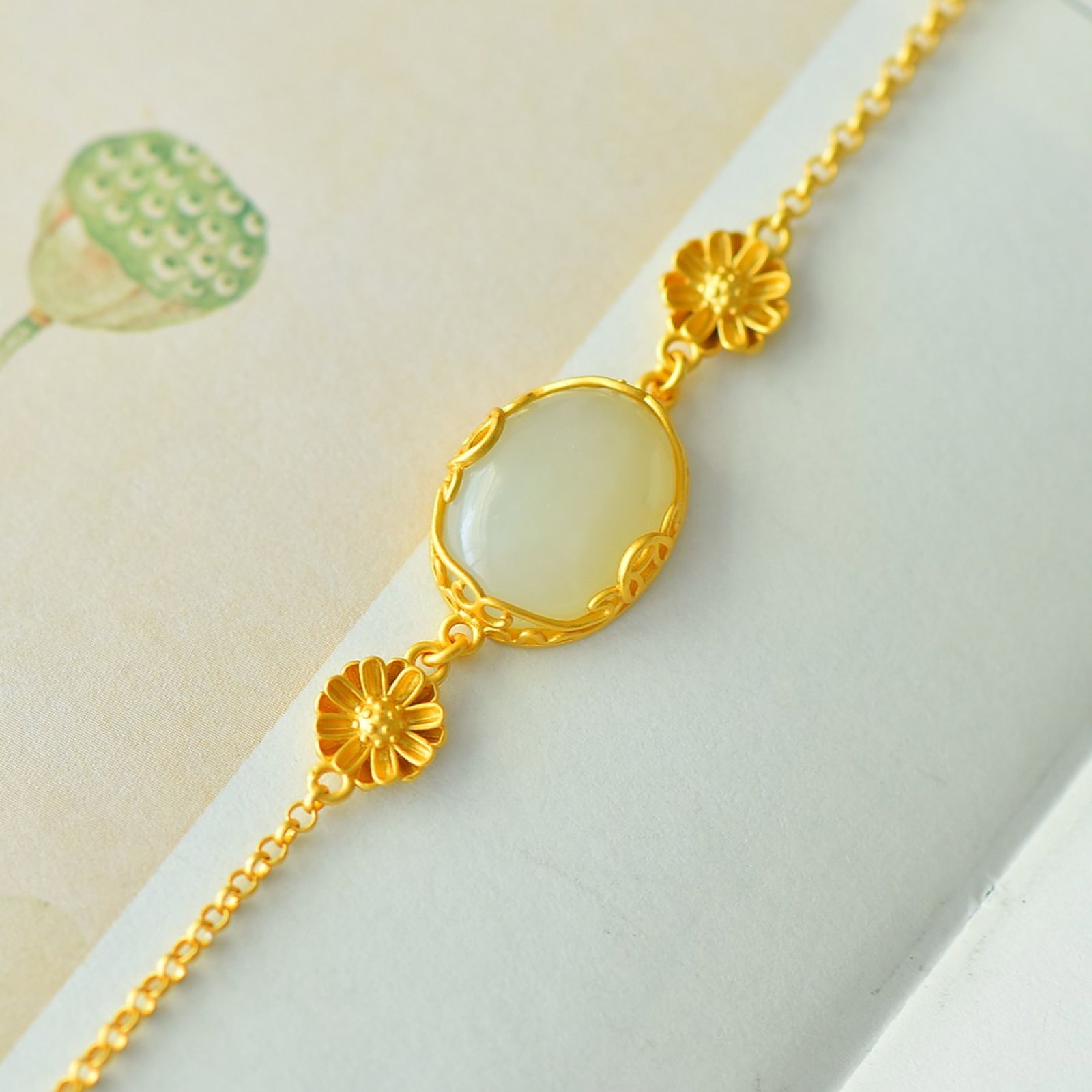 An Exquisite Sterling Silver-Gold Plated Inlaid White Jade Bracelets: An Exquisite Sterling Silver-Gold Plated Inlaid White Jade Bracelets,Size:0.5inx0.6in 纯银镀金镶白玉手链