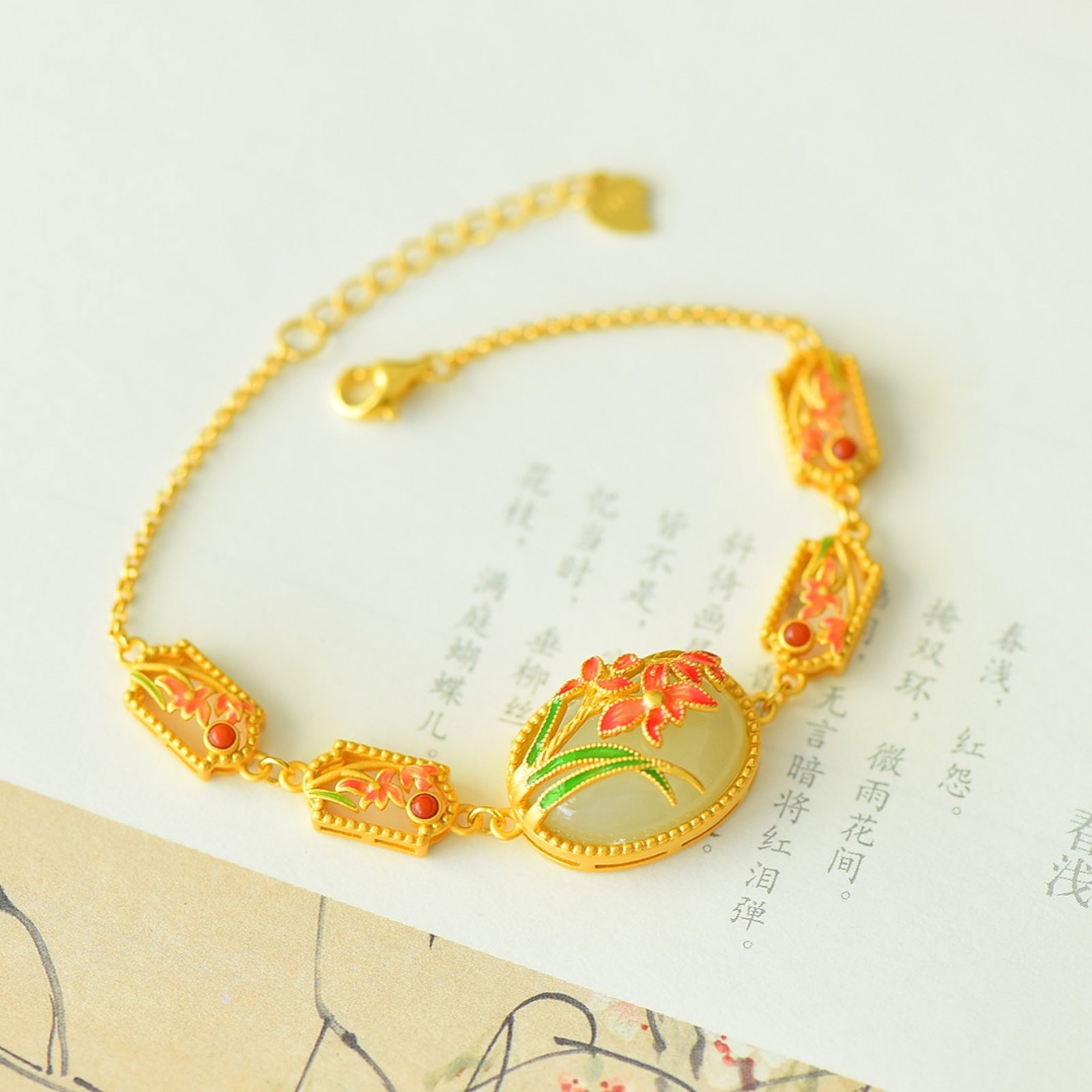 An Exquisite Sterling Silver-Gold Plated Inlaid White Jade Enamel Bracelet: An Exquisite Sterling Silver-Gold Plated Inlaid White Jade Enamel Bracelet,Size:0.5inx0.7in 纯银镀金镶白玉珐琅手链