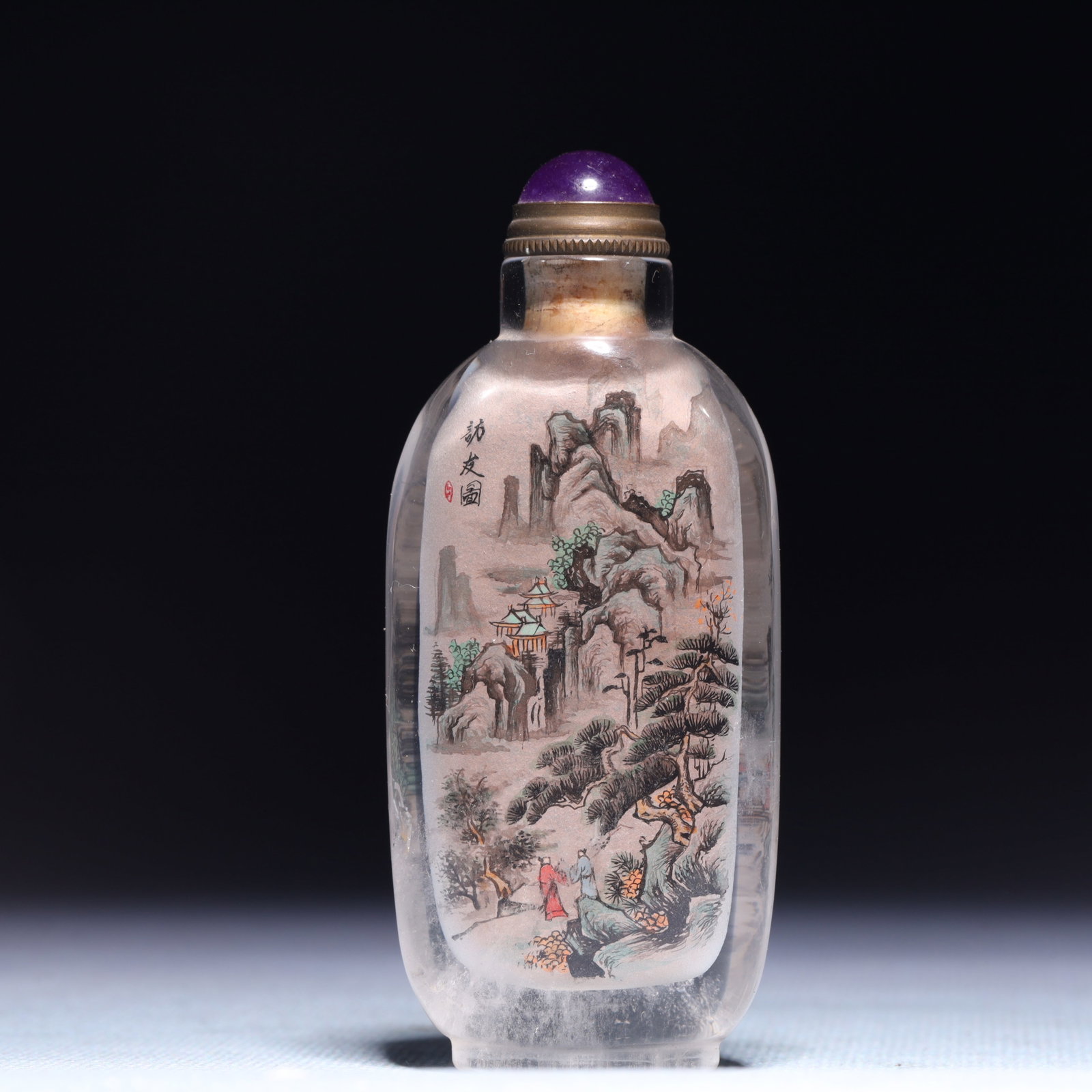 An Exquisite Crystal Landscape and Figure Pattern Snuff Bottle: An Exquisite Crystal Landscape and Figure Pattern Snuff Bottle,Qing Dynasty,China,Size:1.2inx0.6inx3.3in,Weight:43g