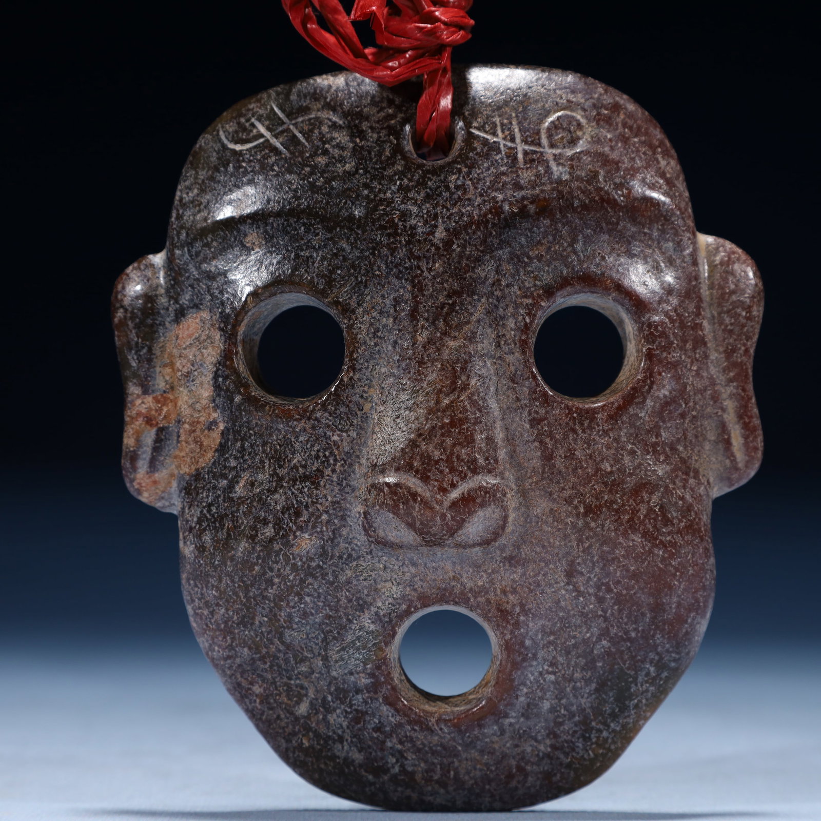 An Archaic Hongshan Culture Yellow Jade Figure-Face Ornament: An Archaic Hongshan Culture Yellow Jade Figure-Face Ornament,Ancient Time,China,Size:4.5inx0.6inx5.1in,Weight:350g 红山文化黄玉人面摆件,