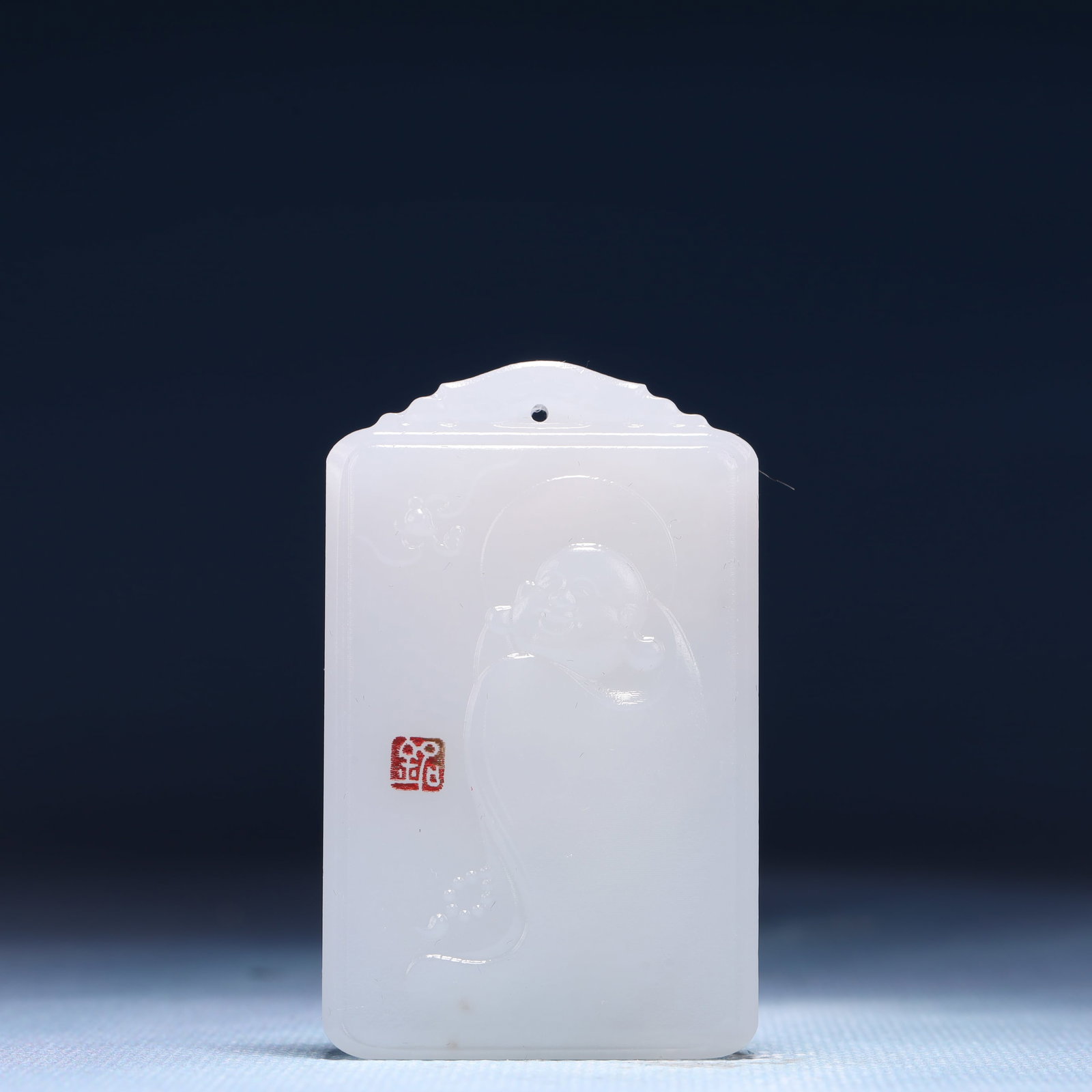 An Exquisite White Jade Statue of Maitreya Buddha Pendant: An Exquisite White Jade Statue of Maitreya Buddha Pendant,Size:1.6inx0.4inx2.4in,Weight:49g 白玉弥勒佛像牌