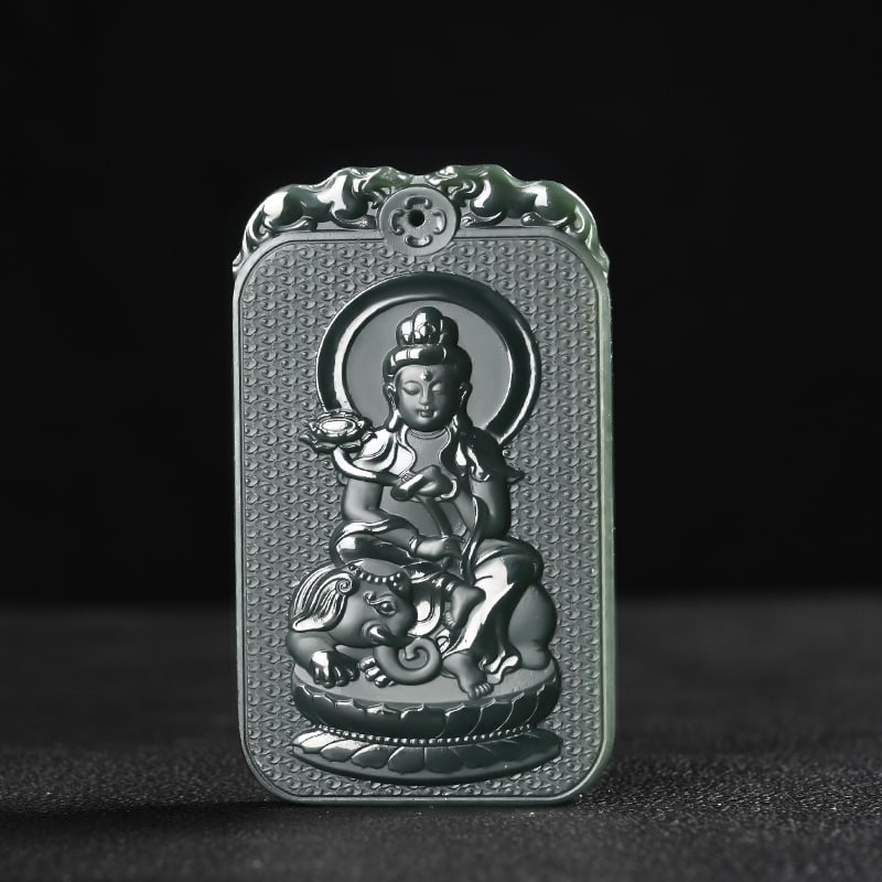 An Exquisite Cyan jade Statue of Samantabhadra Pendant: An Exquisite Cyan jade Statue of Samantabhadra Pendant,Size:2.7inx1.6inx0.3in 青玉普贤菩萨像挂件