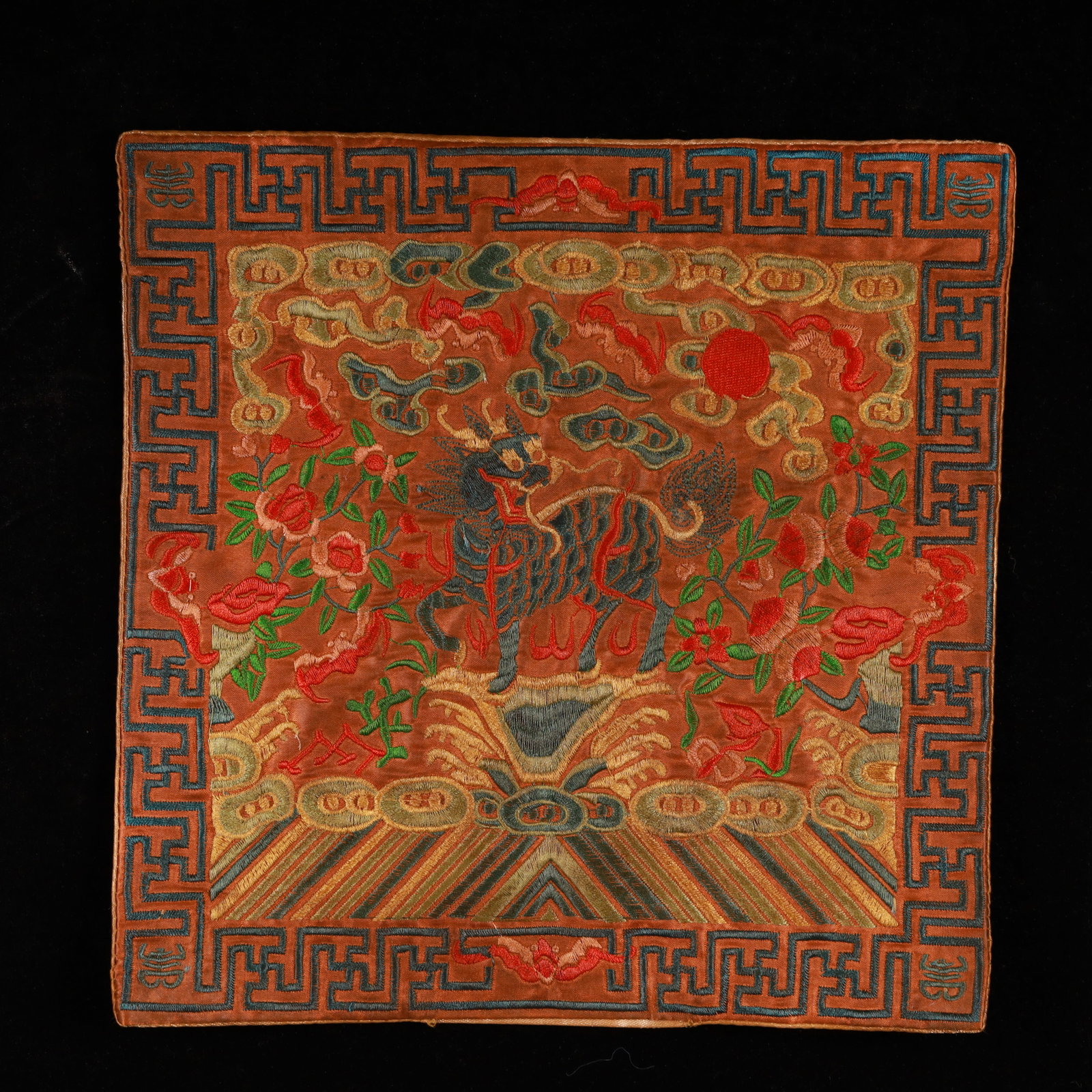An Exquisite Embroidery Kylin Pattern Civil Official Rank Badges: An Exquisite Embroidery Kylin Pattern Civil Official Rank Badges,Qing Dynasty, China,Size:10.2inx10.2in 刺绣麒麟官补,中国清代