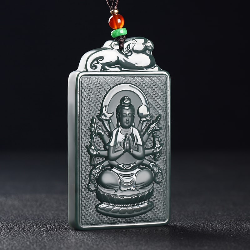 An Exquisite Cyan jade Statue of Thousand-Hand Avalokitesvara Pendant: An Exquisite Cyan jade Statue of Thousand-Hand Avalokitesvara Pendant,Size:2.8inx1.5inx0.3in 青玉千手观音像挂件