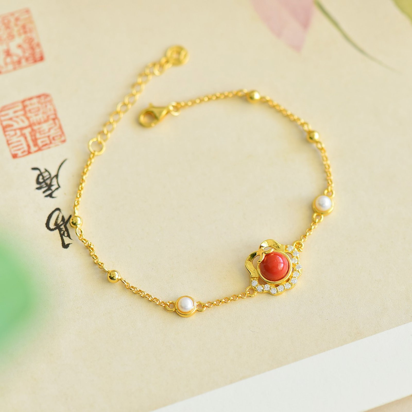 An Exquisite Sterling Silver-Gold Plated Inlaid Cinnabar Bracelets,Inlaid Diamond With Pearls: An Exquisite Sterling Silver-Gold Plated Inlaid Cinnabar Bracelets,Inlaid Diamond With Pearls,Size:0.2inx0.2in 寓意:万事如意,心想事成