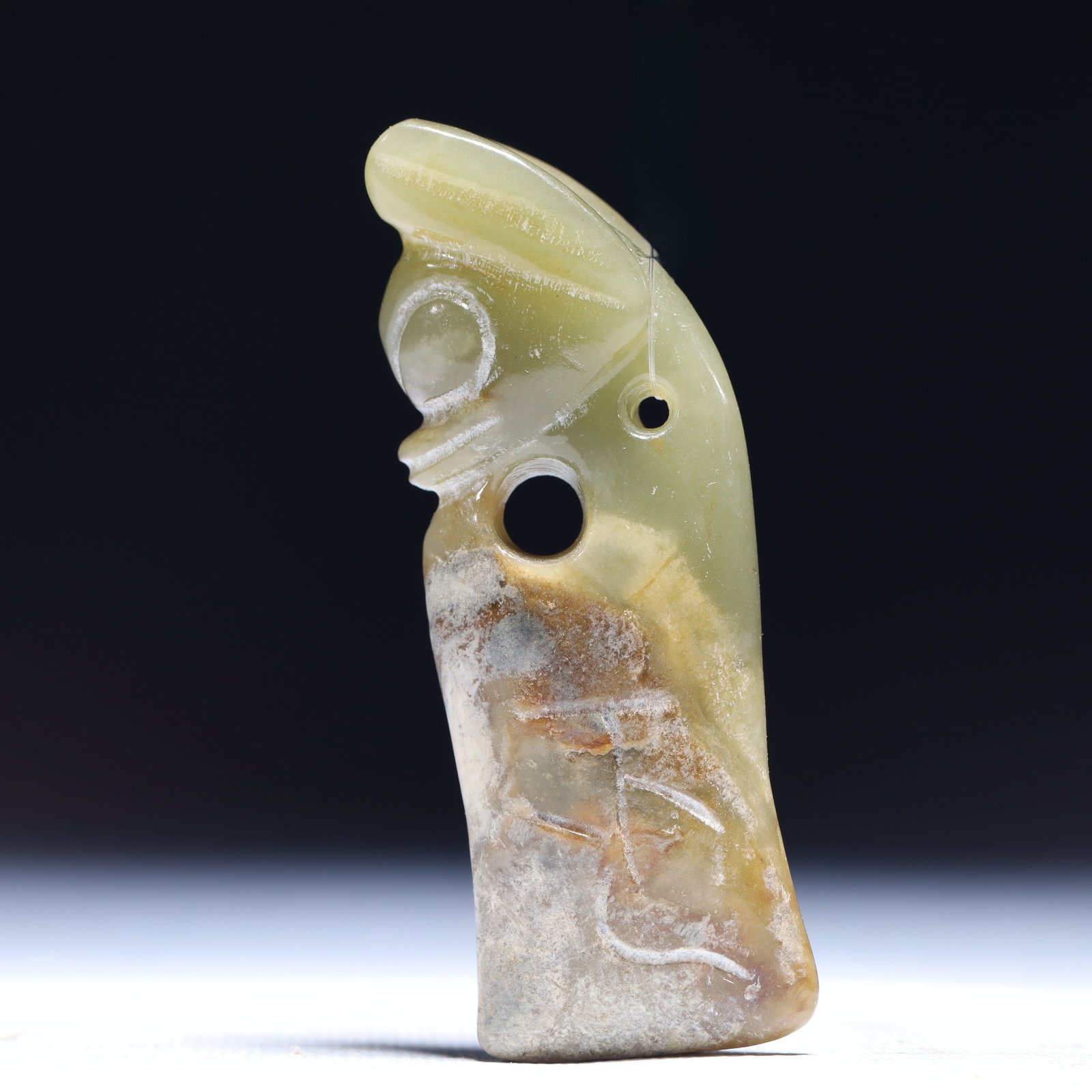 An Archaic Hongshan Culture Greenish Jade Beast-Face Pattern Pendant: An Archaic Hongshan Culture Greenish Jade Beast-Face Pattern Pendant,Ancient Time,China,Size:1.2inx0.6inx3in,Weight:48g