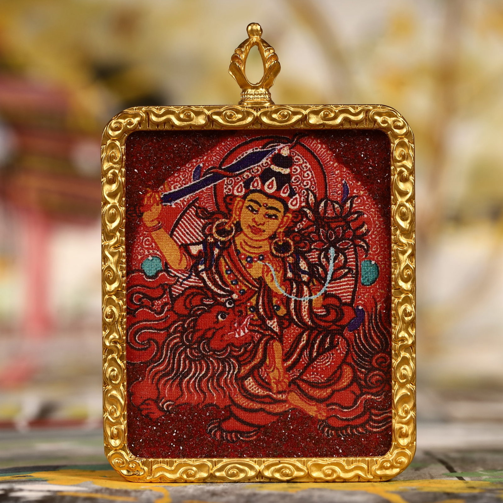 An Exquisite Painted Color Statue of Manjusri Tangka: An Exquisite Painted Color Statue of Manjusri Tangka,Size:2inx2.8in 彩绘文殊菩萨像唐卡