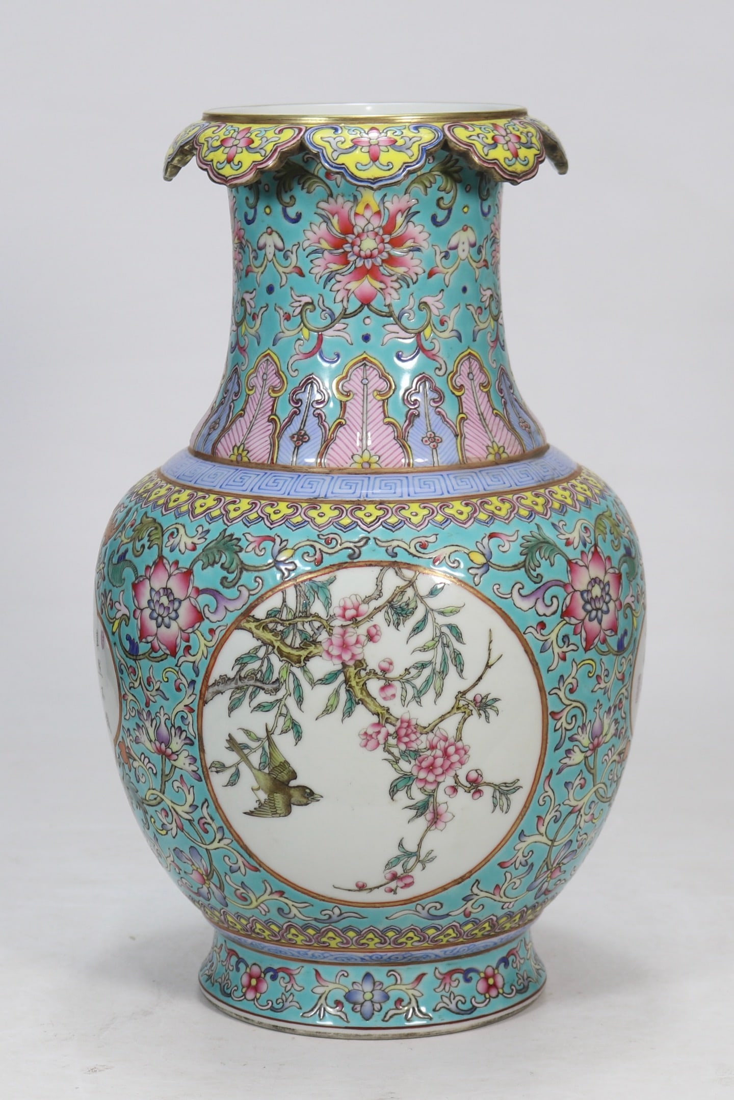 A Rare Turquoise Ground Famille-Rose Painted Gold Flower and Bird Pattern Vase,With Poem: A Rare Turquoise Ground Famille-Rose Painted Gold Flower and Bird Pattern Vase,With Poem,Qing Dynasty,China,Qianlong Six-character Mark,Size:12.6inx4.3in松石绿地粉彩