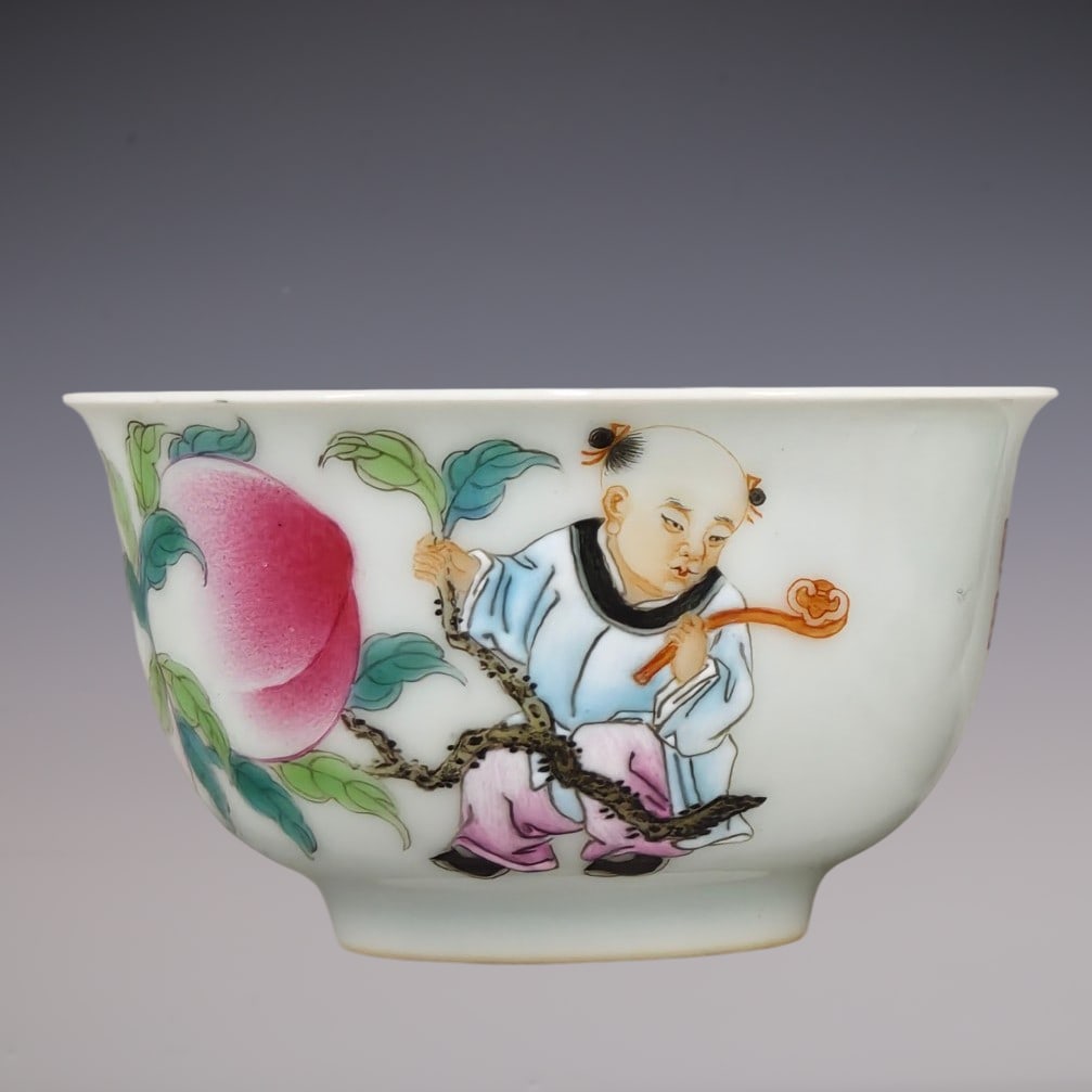 An Exquisite Famille-Rose Character and Story Pattern Cup: An Exquisite Famille-Rose Character and Story Pattern Cup Qing Dynasty, China Yongzheng Six-character Mark Size:1.8inx3.1in粉彩童捧寿杯 中国清