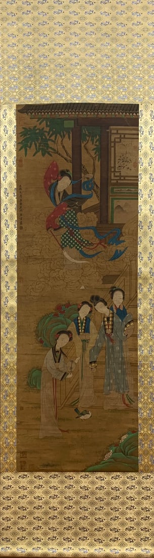 A Chinese Vertical Scroll Ink Painting of Woman on Silk,Tang Yin: A Chinese Vertical Scroll Ink Painting of Woman on Silk,Tang Yin,Size:(Without frame)64.6inx21.5in一幅中国水墨绢本仕女图立๘